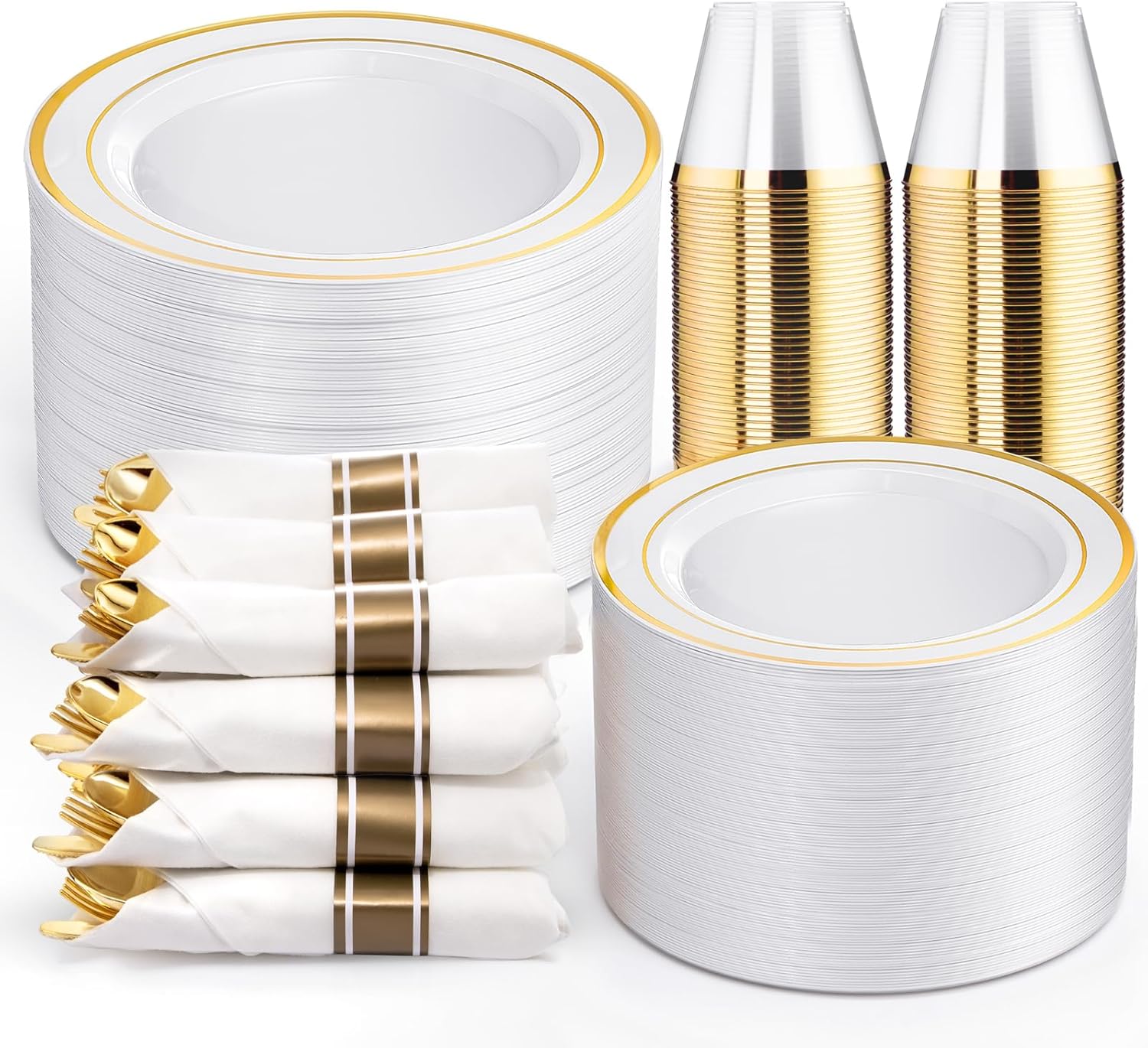WELLIFE 350Pcs White Gold Plastic Plates for 50 Guests