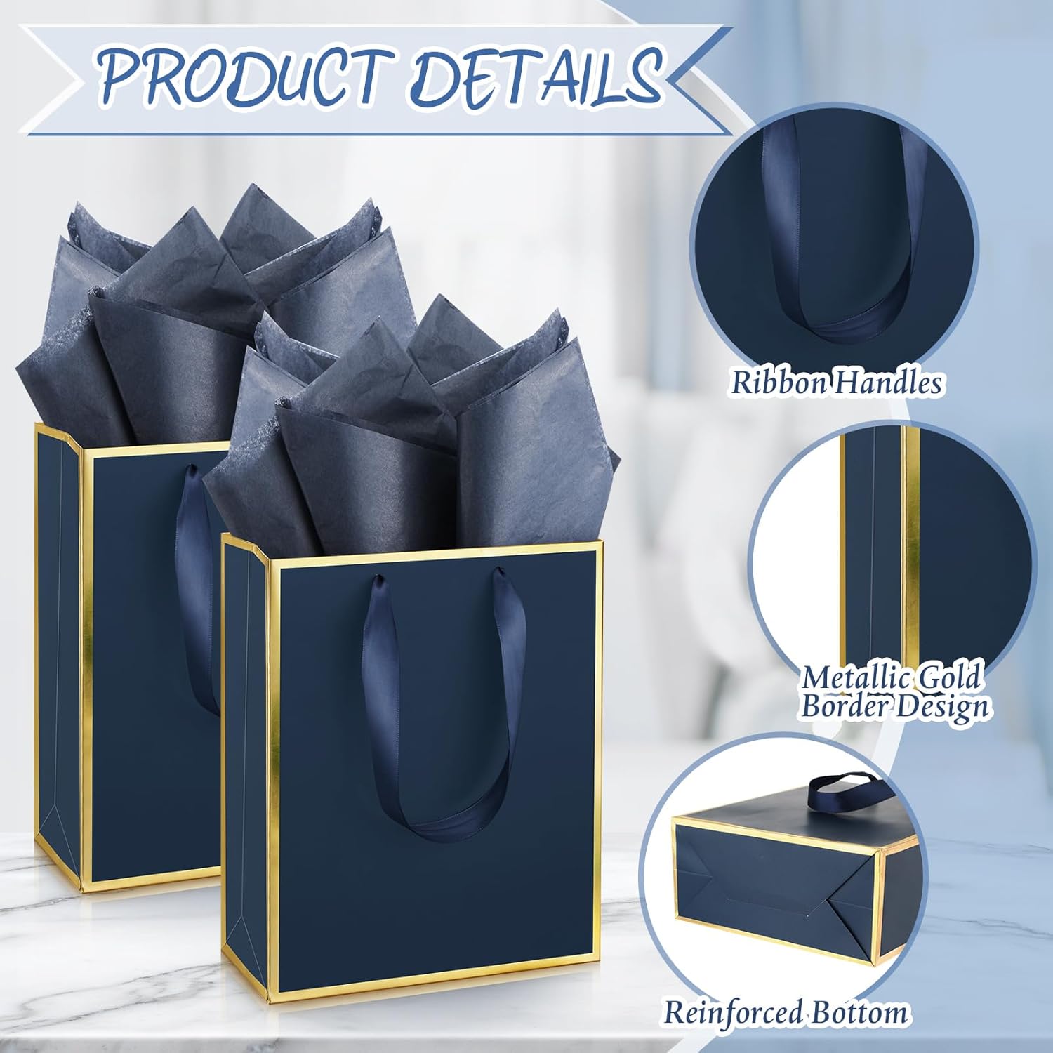 Yeaqee 50 Pack Metallic Gift Bags with Handle and Tissue Paper