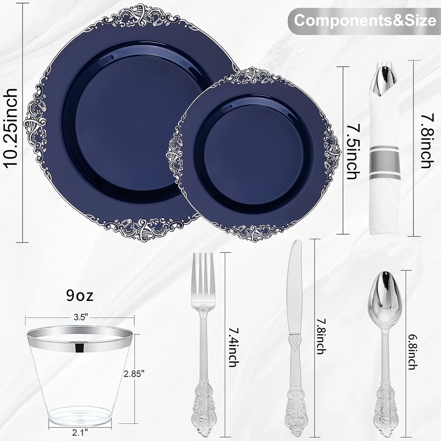 Hioasis 350pcs Blue and Silver Plates Set for 50 Guests