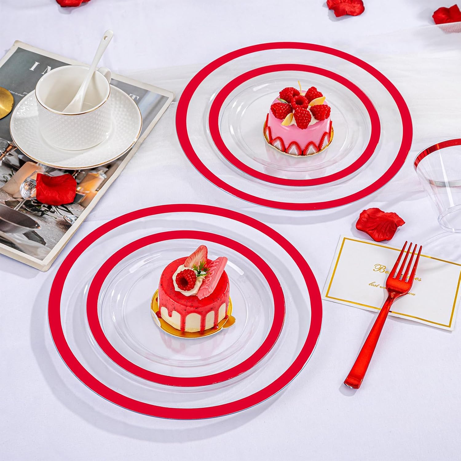 I00000 350 Pcs Clear Red Plastic Plates Set for Wedding Party