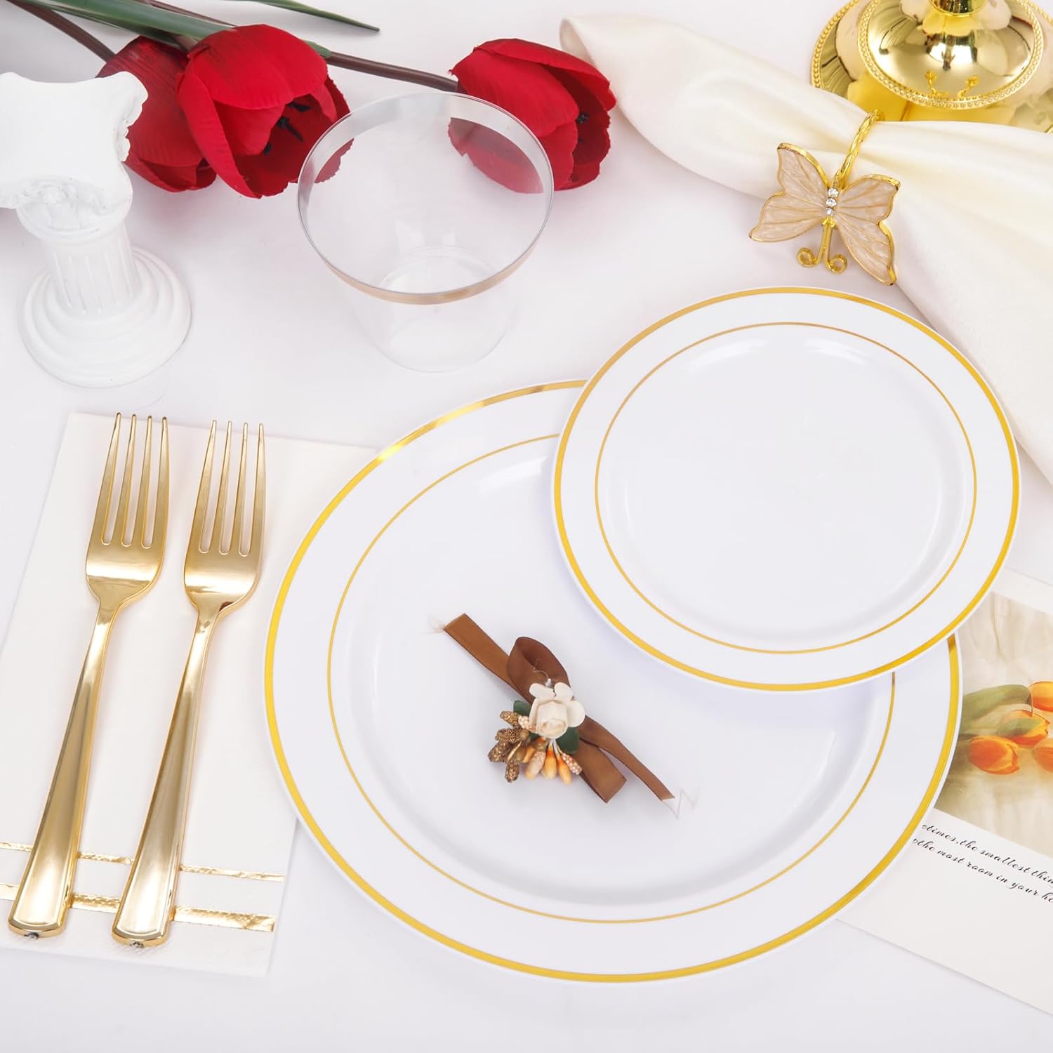 GATHER 350PCS White and Gold Plastic Plates Set for Party Wedding