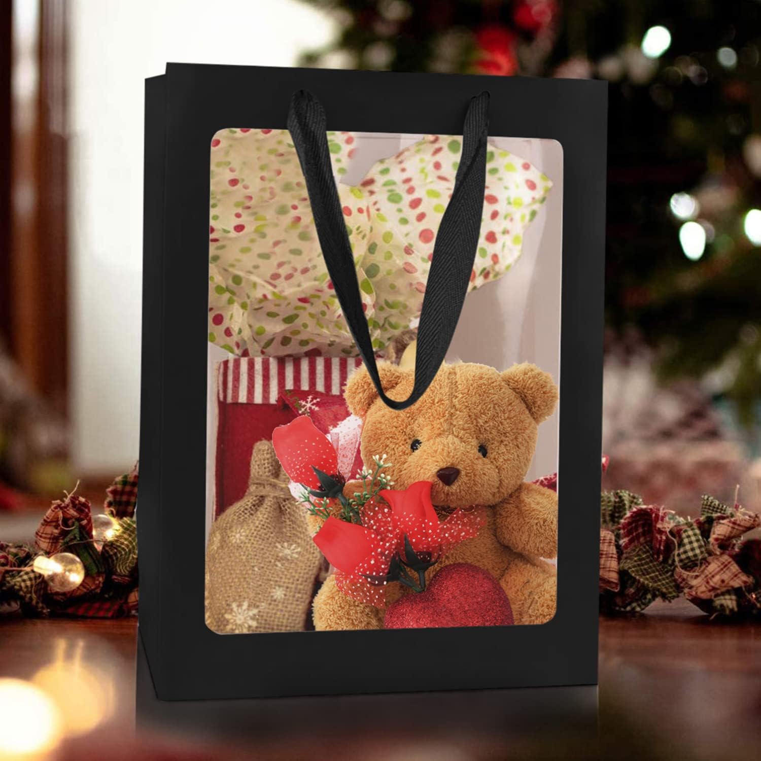 12 Pcs Black Kraft Paper Gift Bags with Window Handles