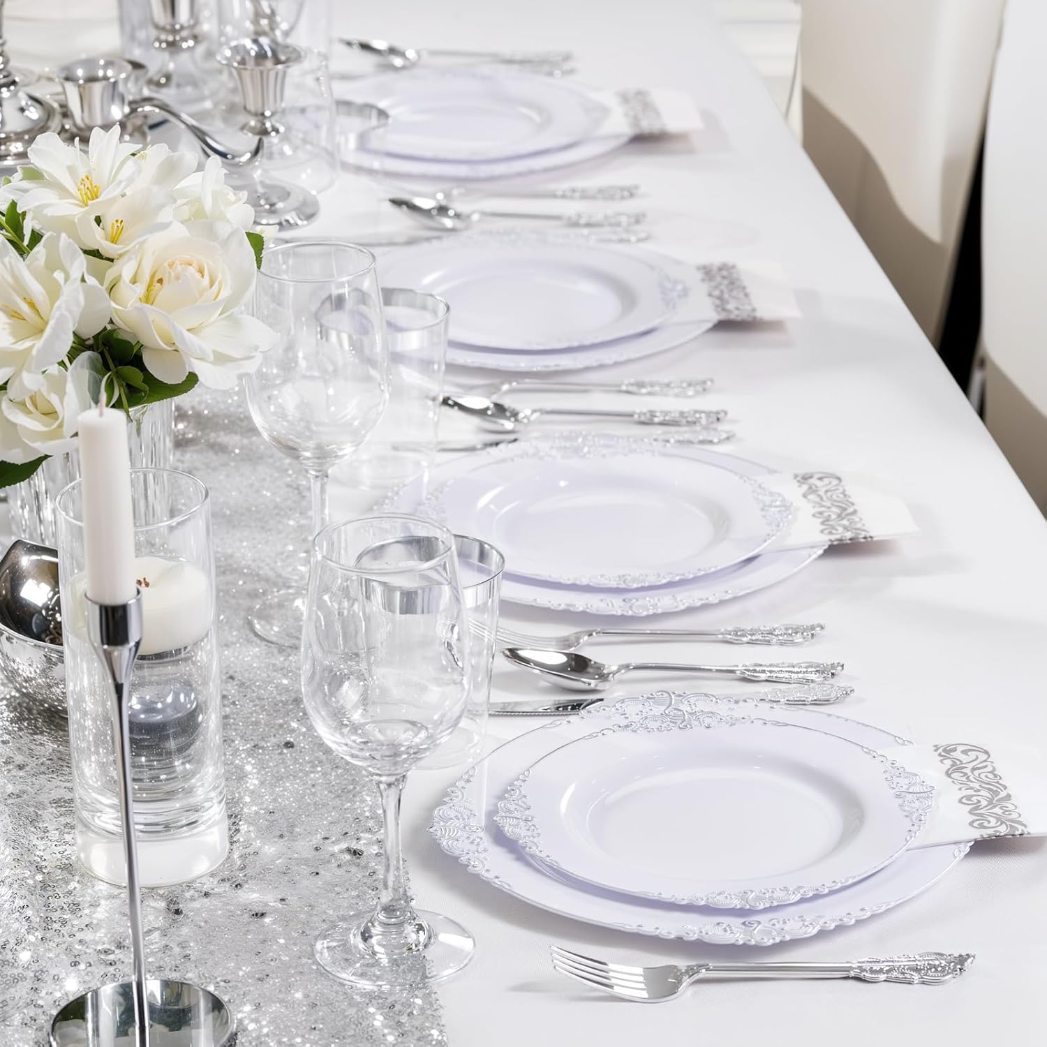 Nervure 175PCS Silver Plastic Plates for 25 Guests