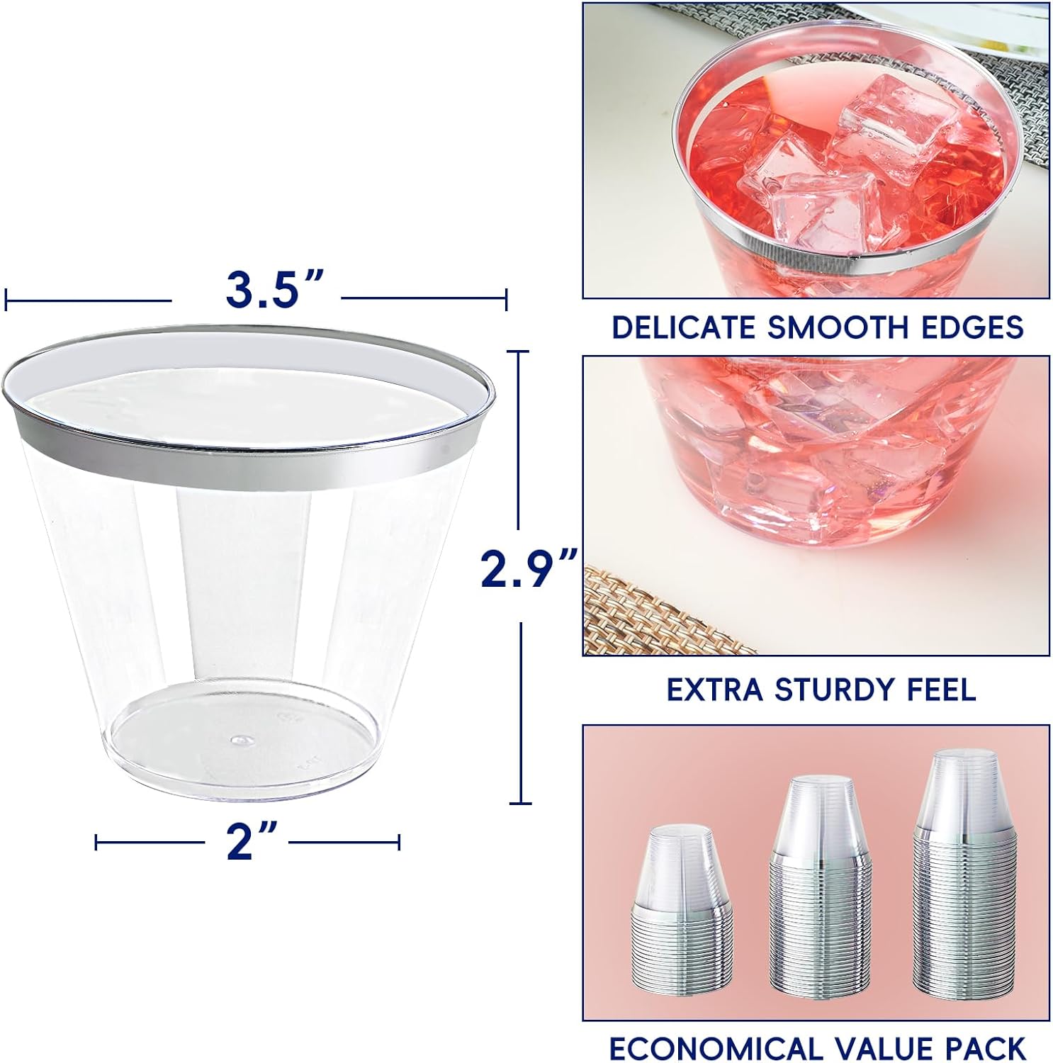 JOLLY CHEF 100 Pack Clear Plastic Cups with Silver Rim
