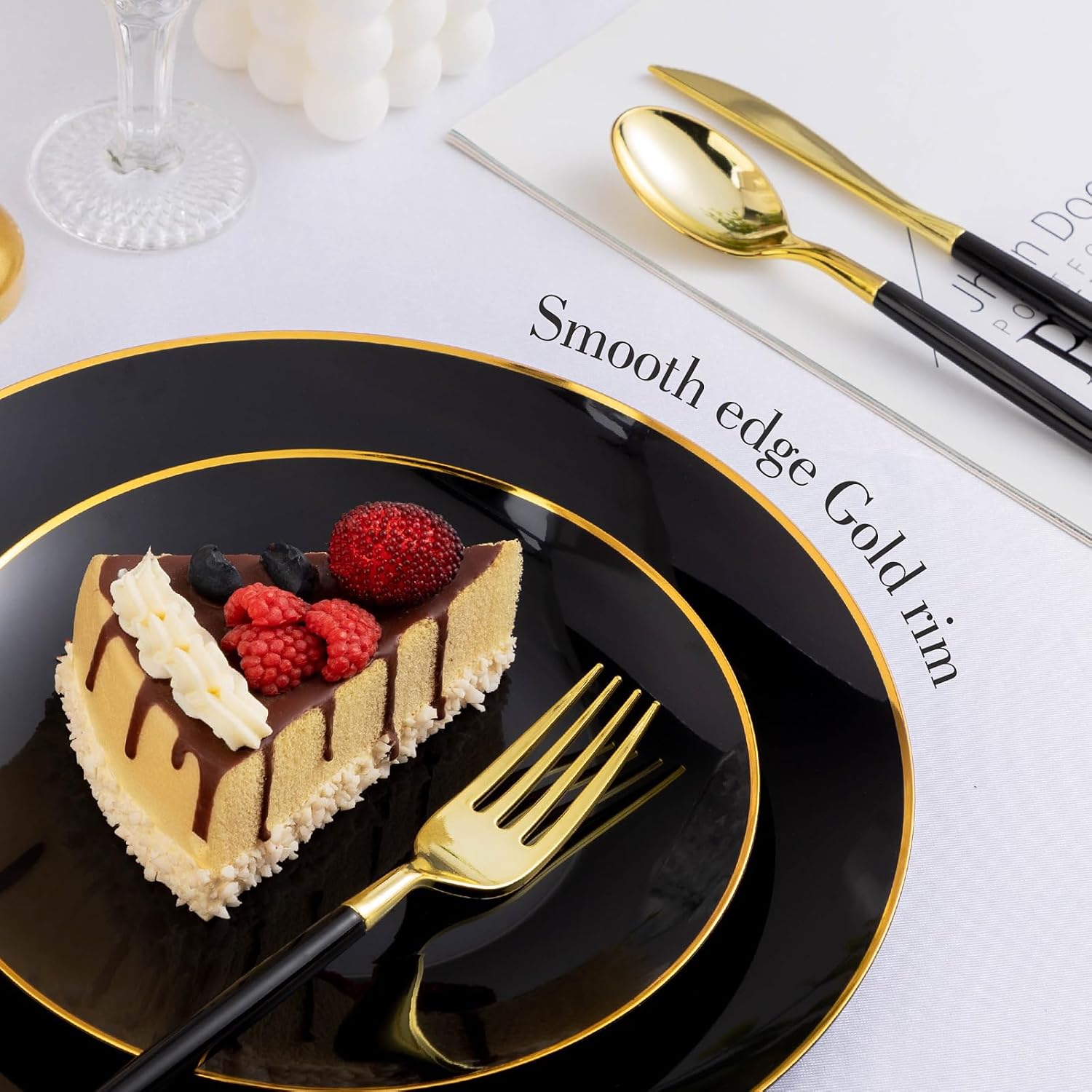 350 Pieces Black Gold Plastic Dinnerware Set for 50 Guests