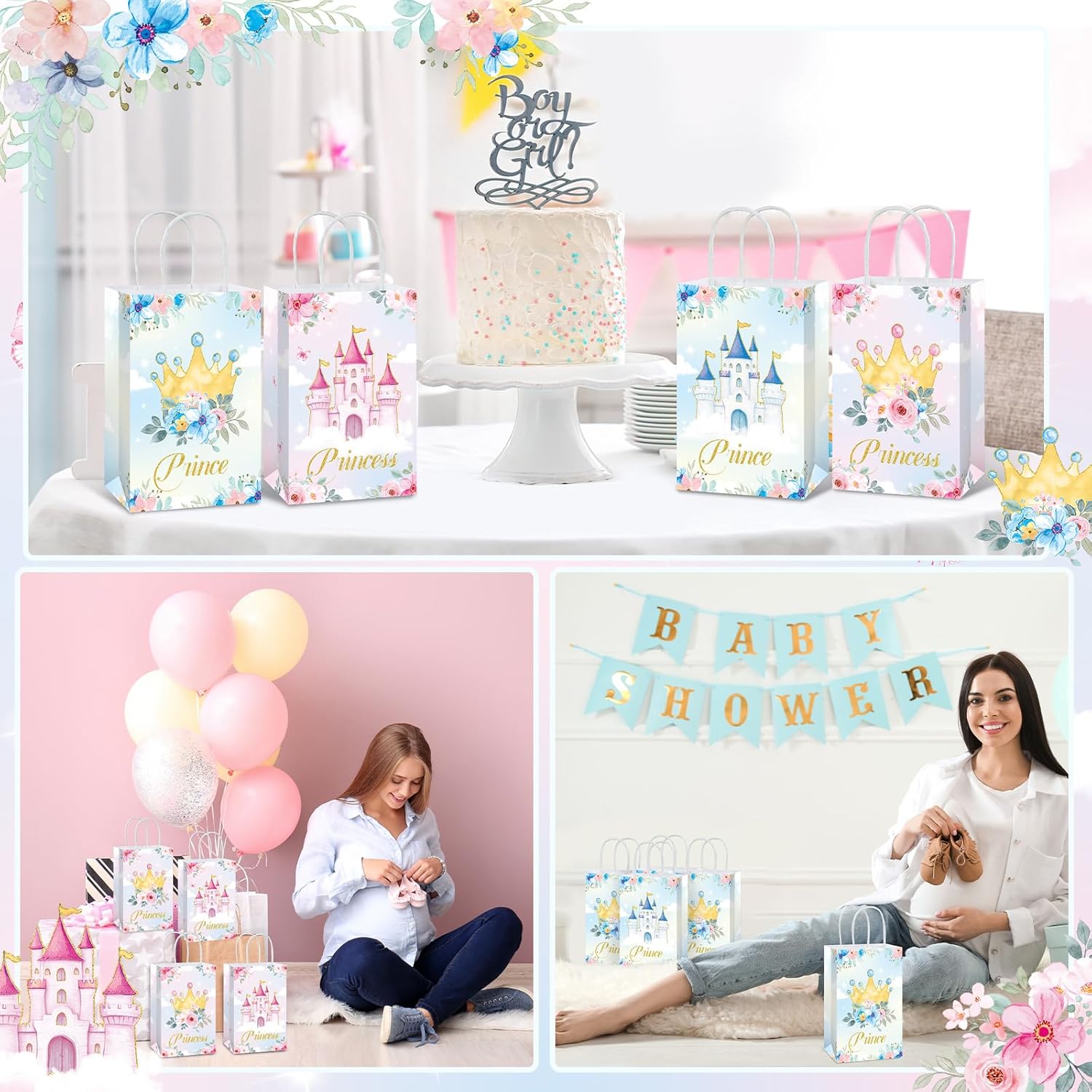 16Pcs Princess Prince Party Bags with Handles
