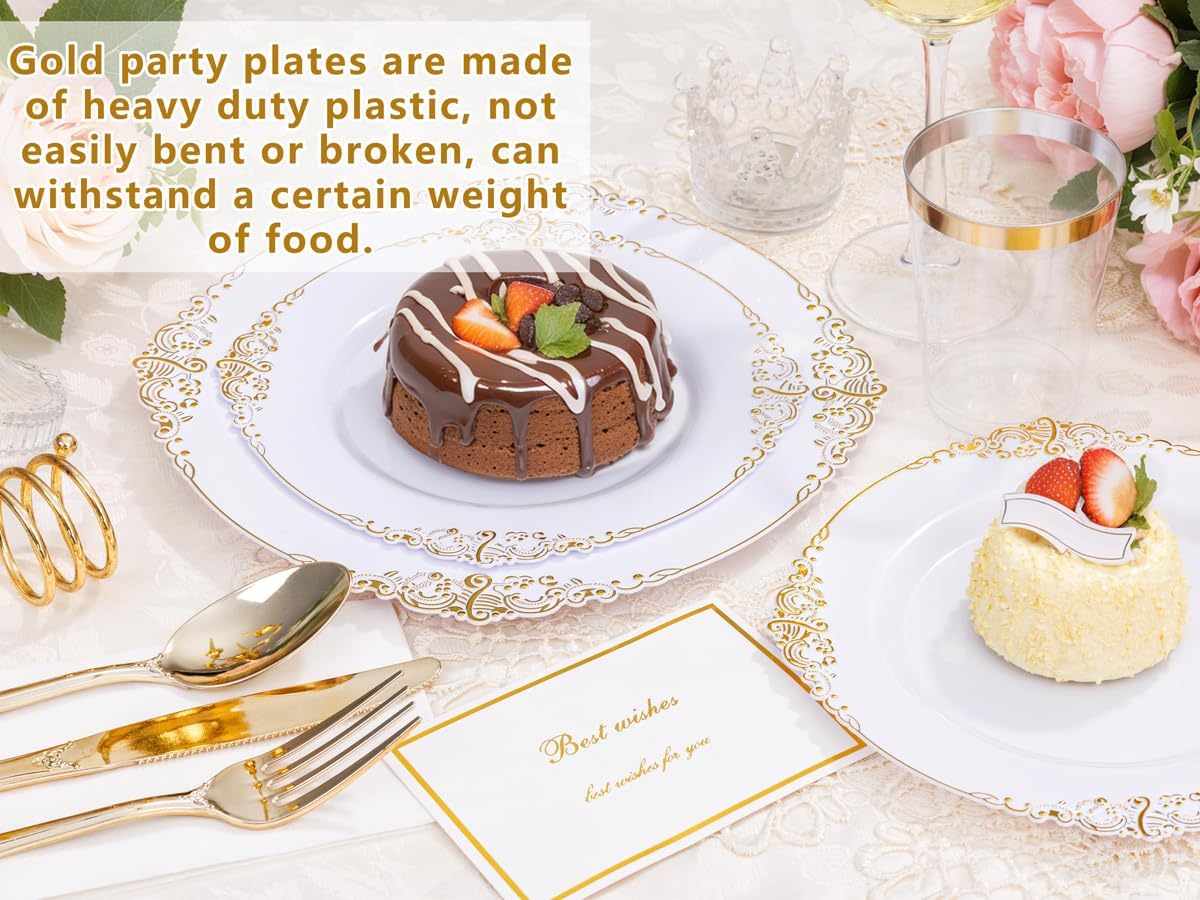 YOUBET 700PCS Gold Plastic Dinnerware Set for 100 Guests Wedding Party Graduation
