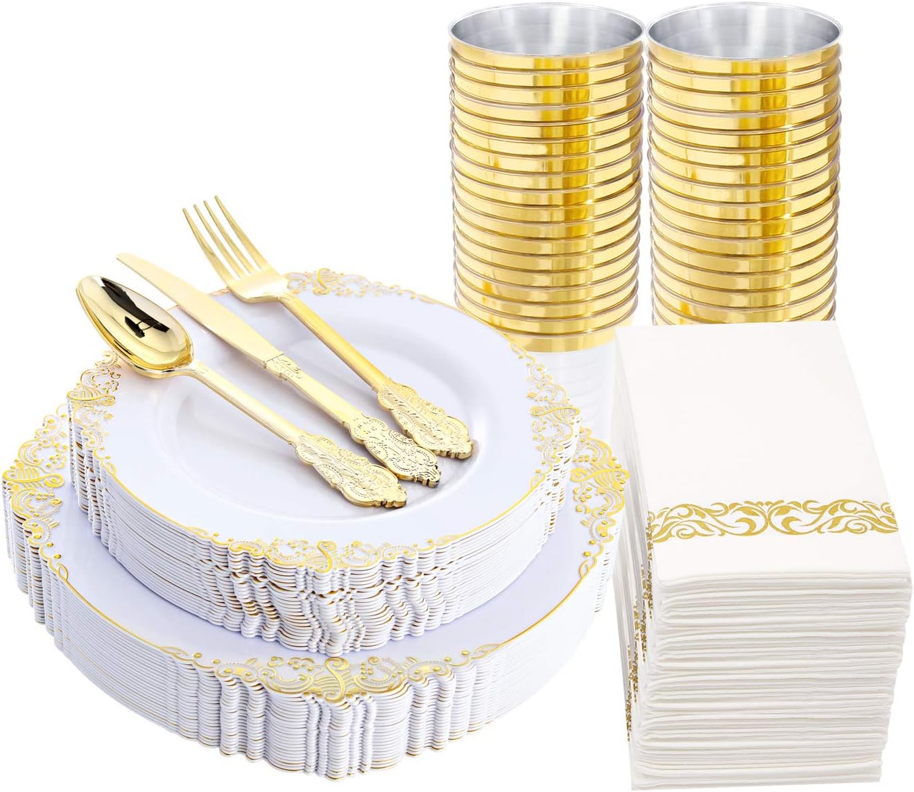 Nervure 175PCS White and Gold Plastic Plates Set
