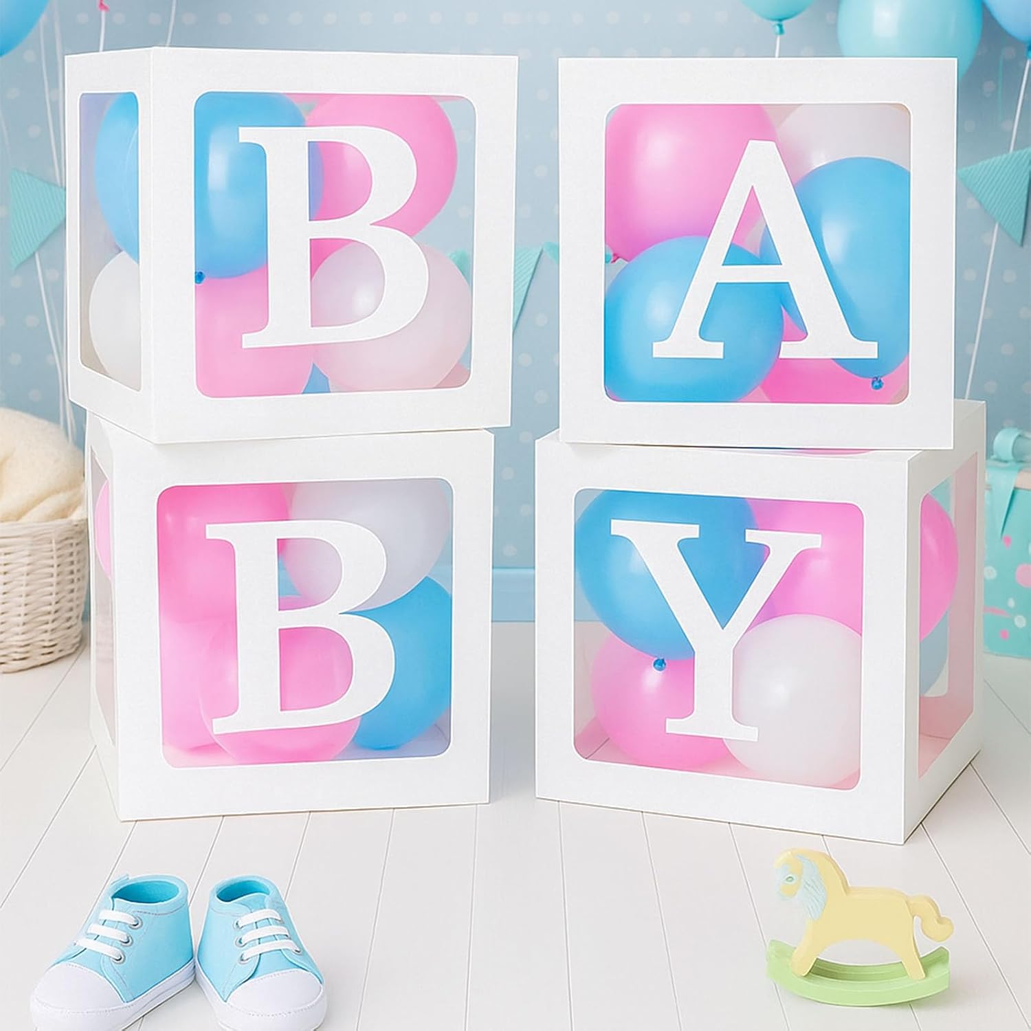 VGOODALL 4PCS Clear Balloon Boxes with Letters for Baby Showers