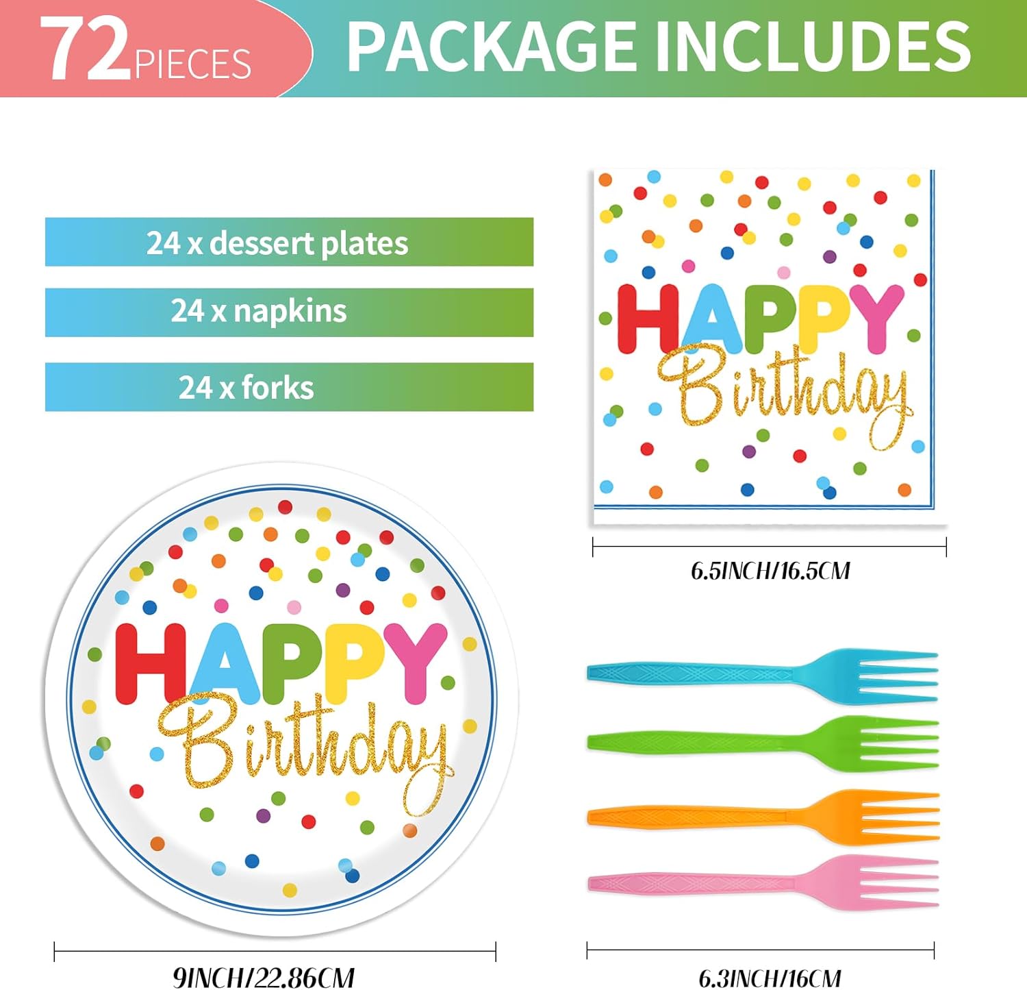72Pcs Colorful Polka Dot Birthday Plates Napkins Set
