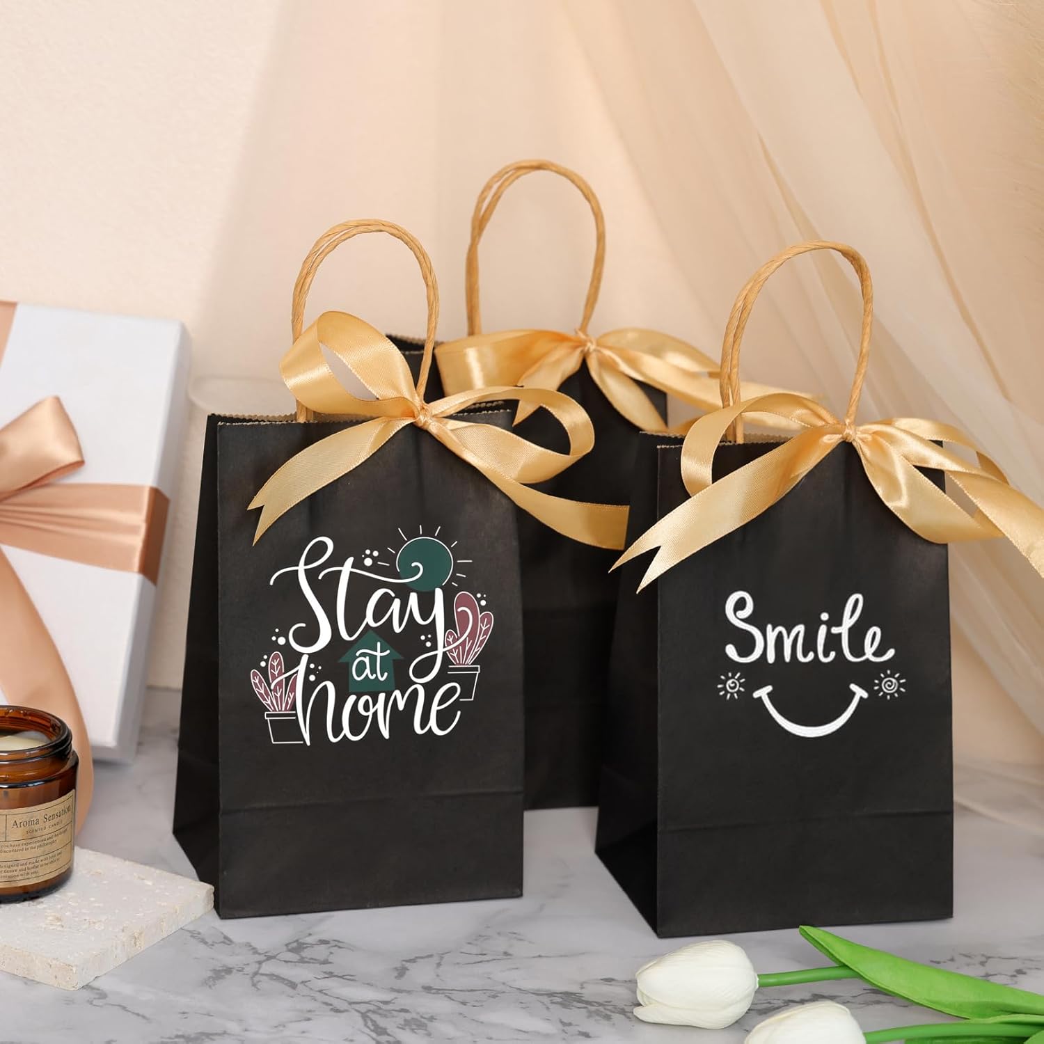 Moretoes 25pcs Black Kraft Gift Bags with Handles