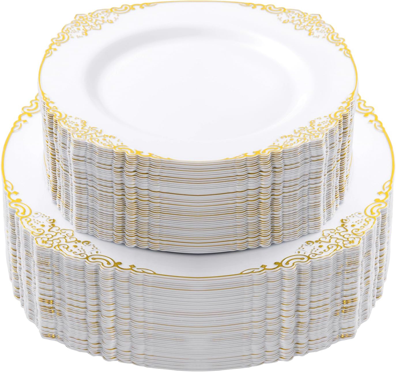 100 PCS White Gold Plastic Plates for 50 Guests