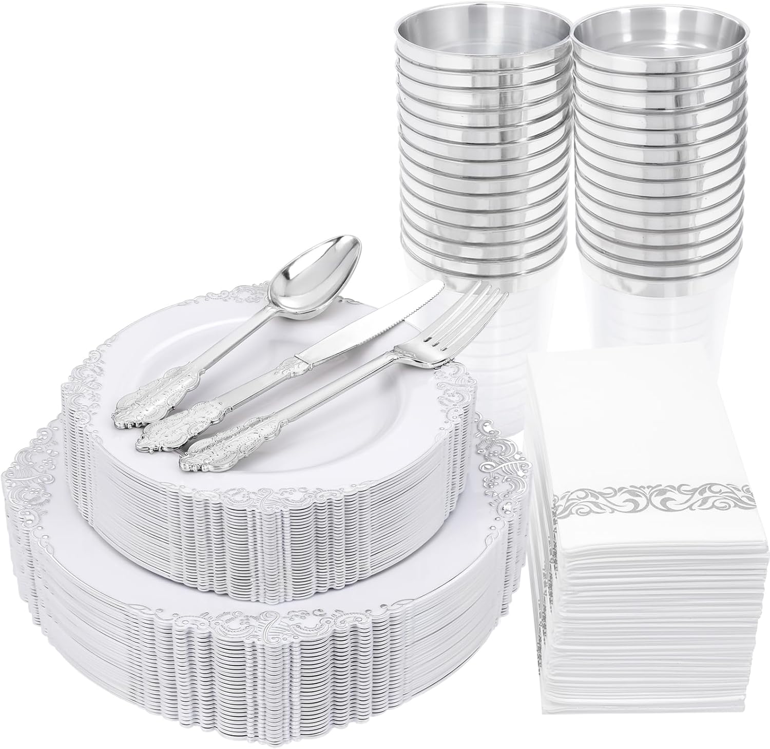 Nervure 175PCS Silver Plastic Plates for 25 Guests