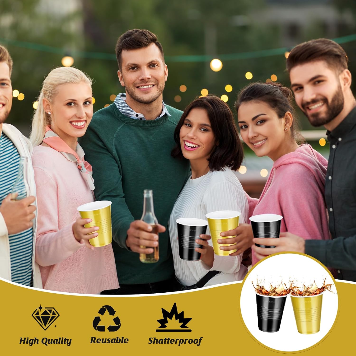 100 Pcs Black and Gold Plastic Cups 12 Oz for Party