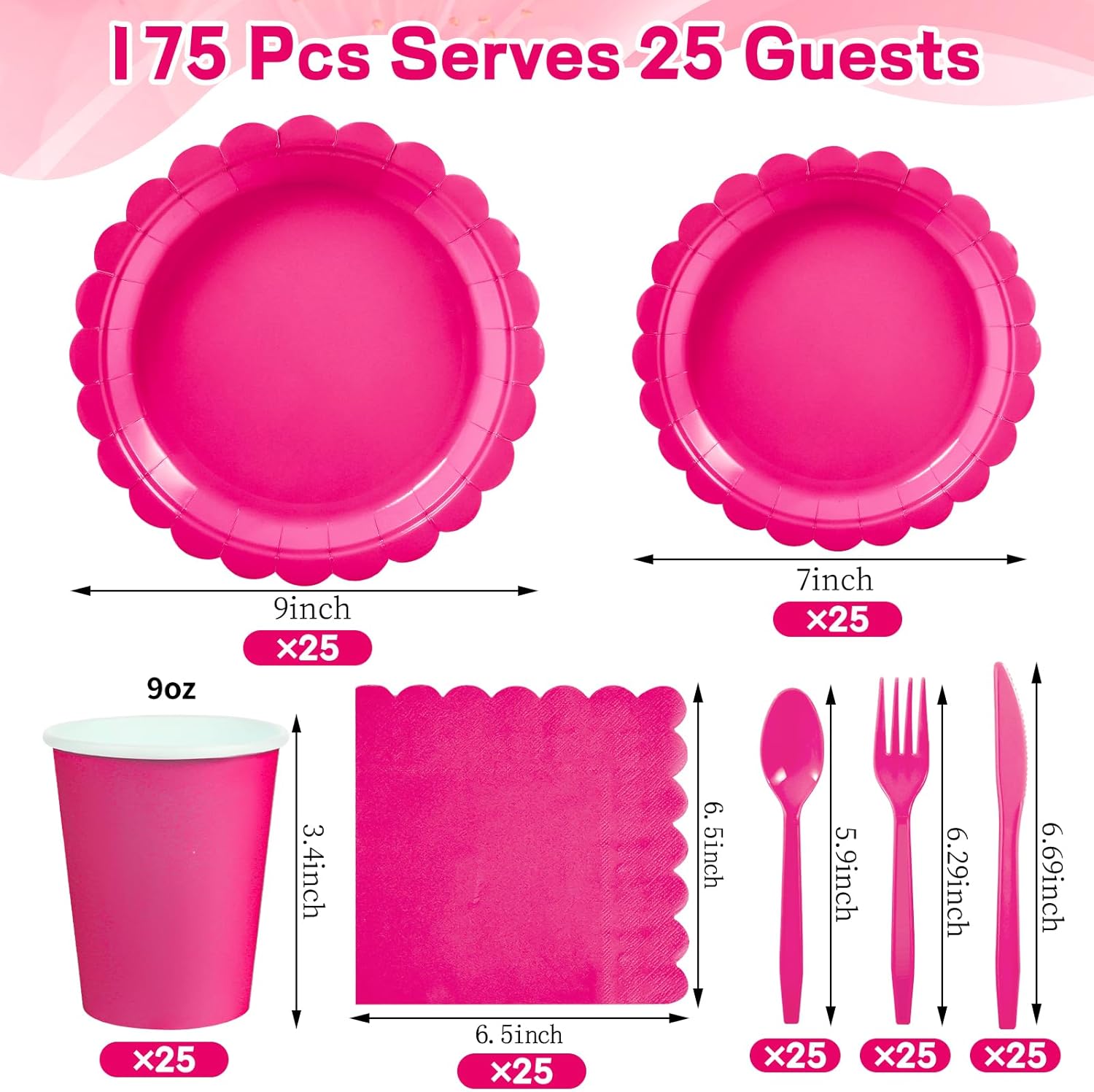 175 Pcs Hot Pink Party Plates Napkins Set