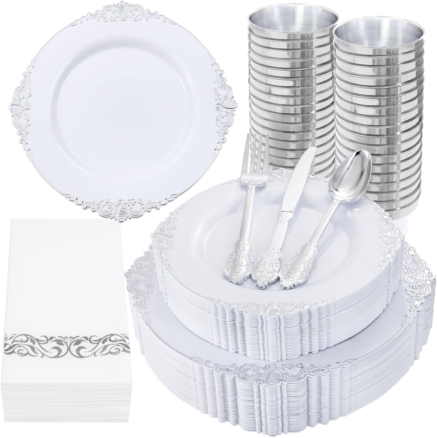 Nervure 350PCS Silver Plastic Dinnerware Set
