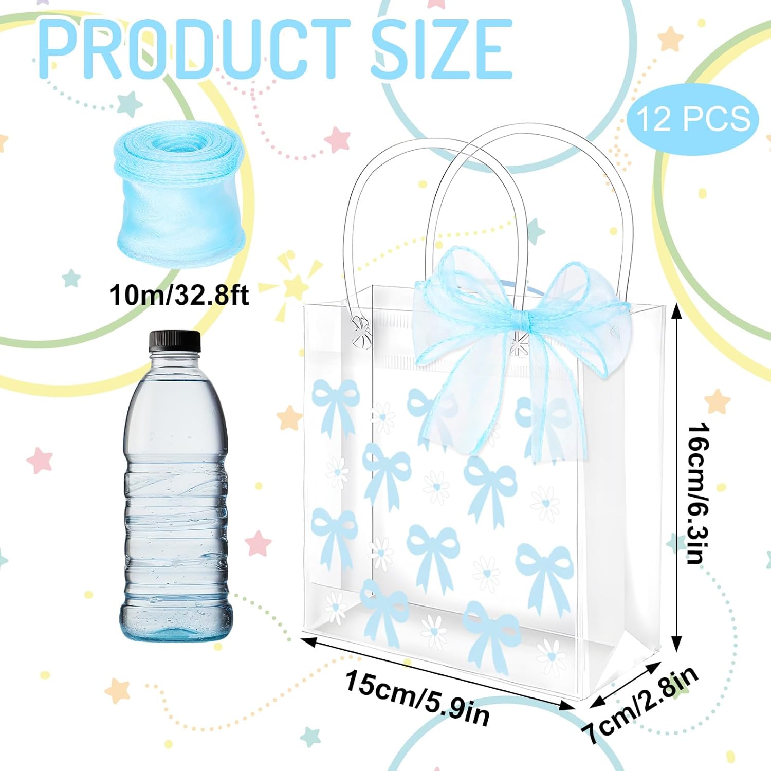 Whaline 12 Pcs Clear PVC Gift Bags with Blue Bowknot and Daisy Design