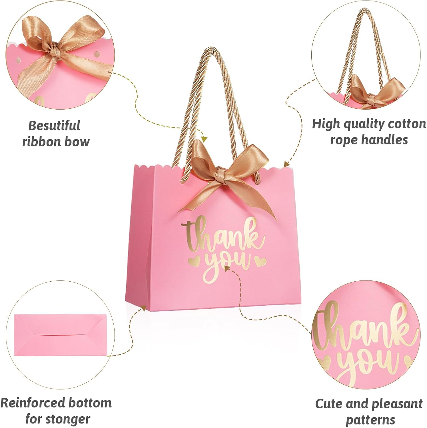 50 Pack Pink Mini Gift Bags with Handles and Bow