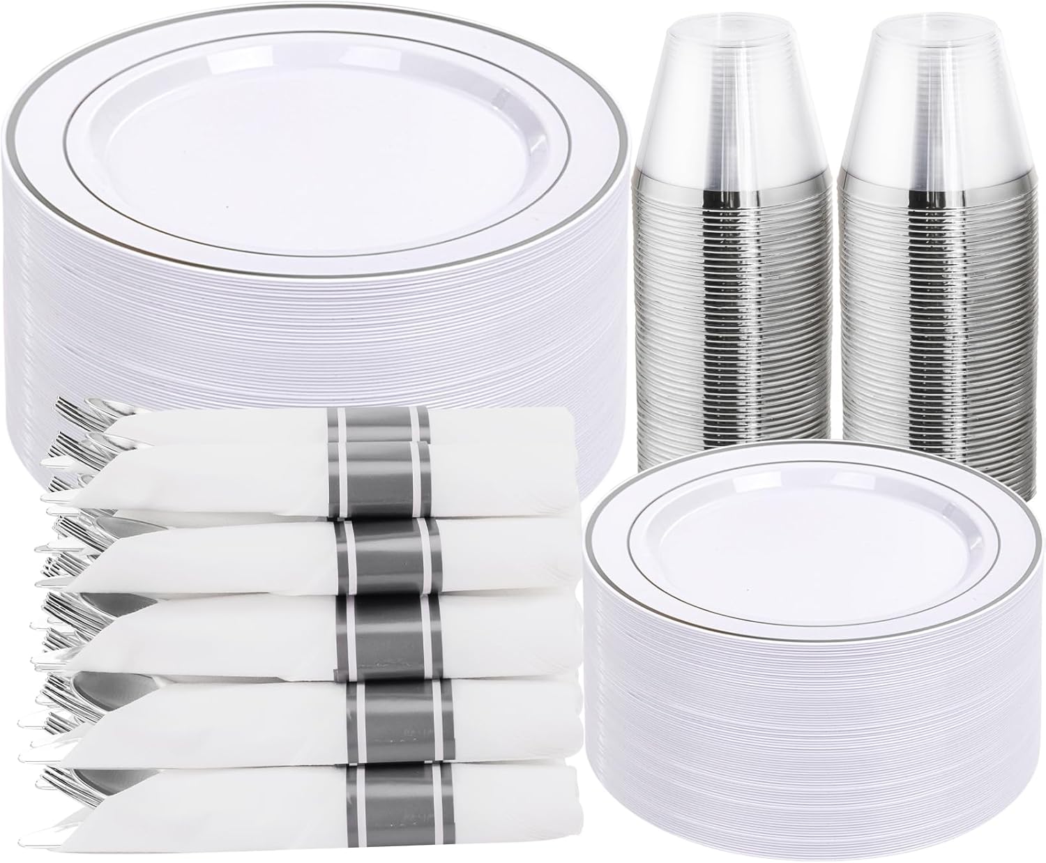 DaYammi 350PCS Silver Plastic Dinnerware Set for 50 Guests