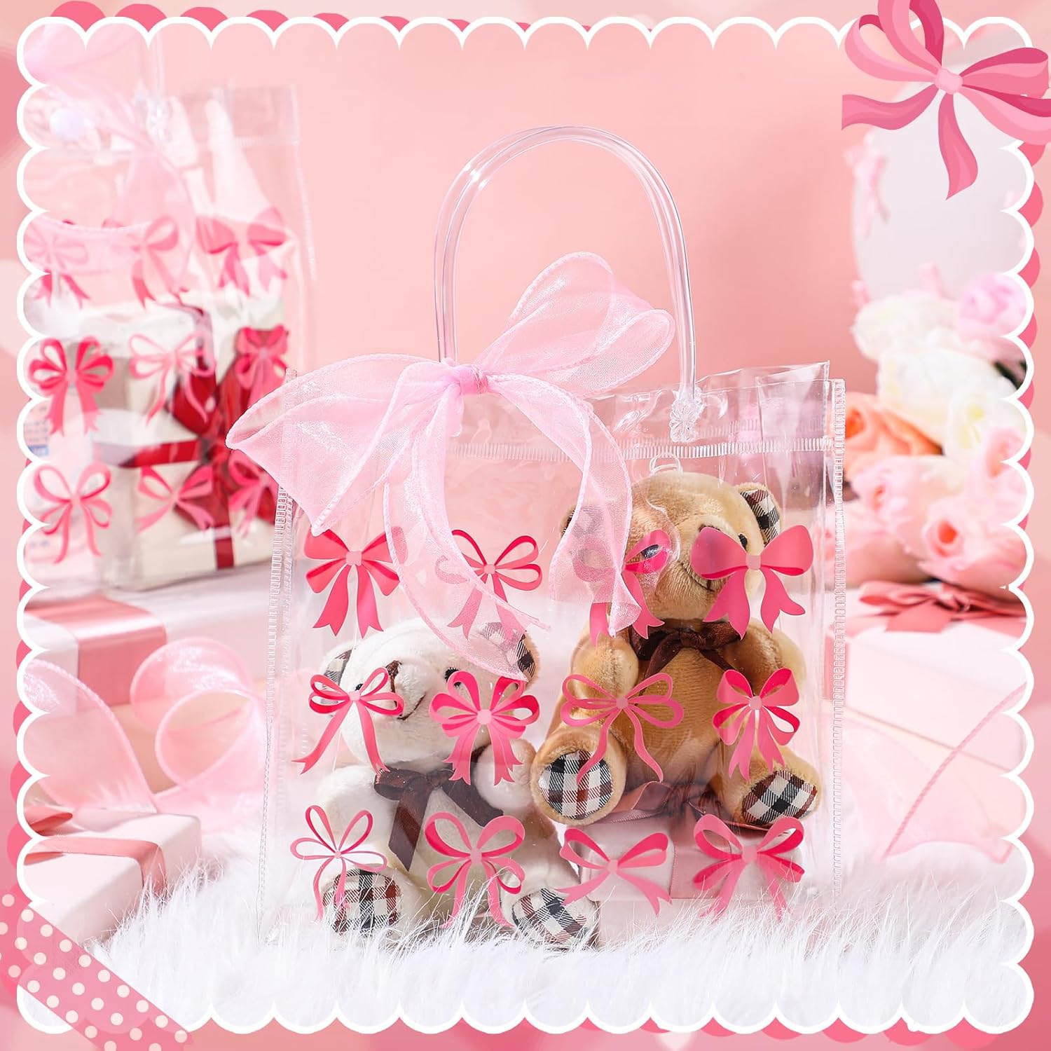 Kolldenn 24 Pcs Clear Gift Bags with Pink Bow Handles