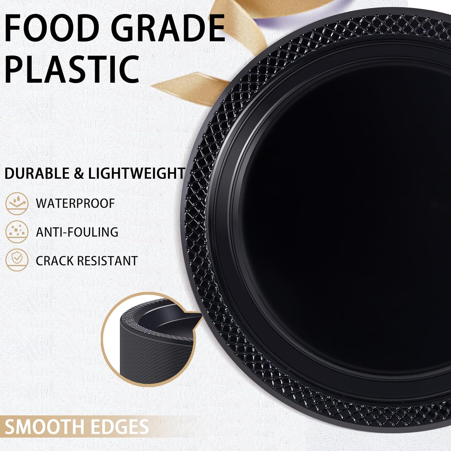 WELLIFE 9 Inch Black Plastic Plates 150 Count