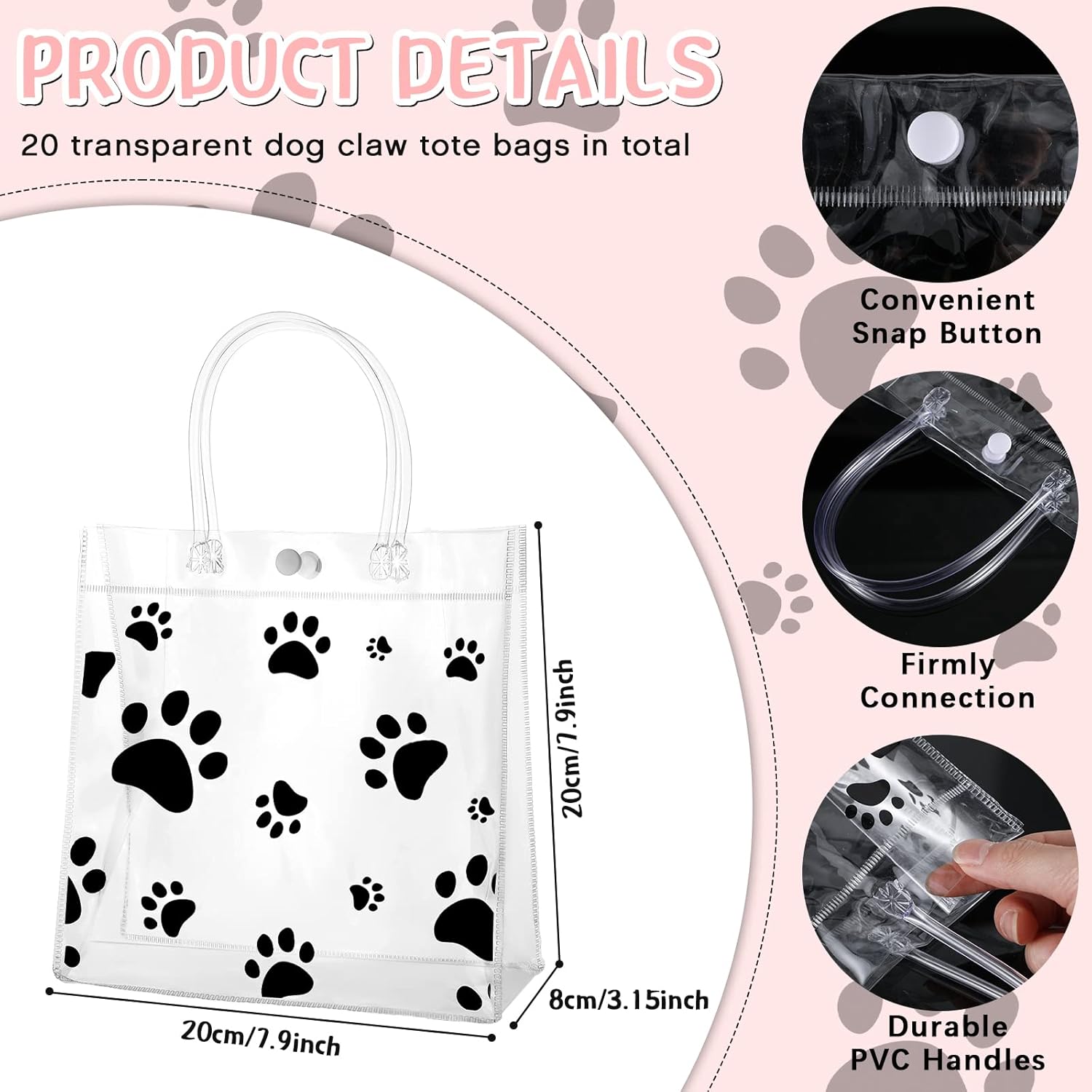 Teling 20-Pack Clear Dog Paw Gift Bags with Handles