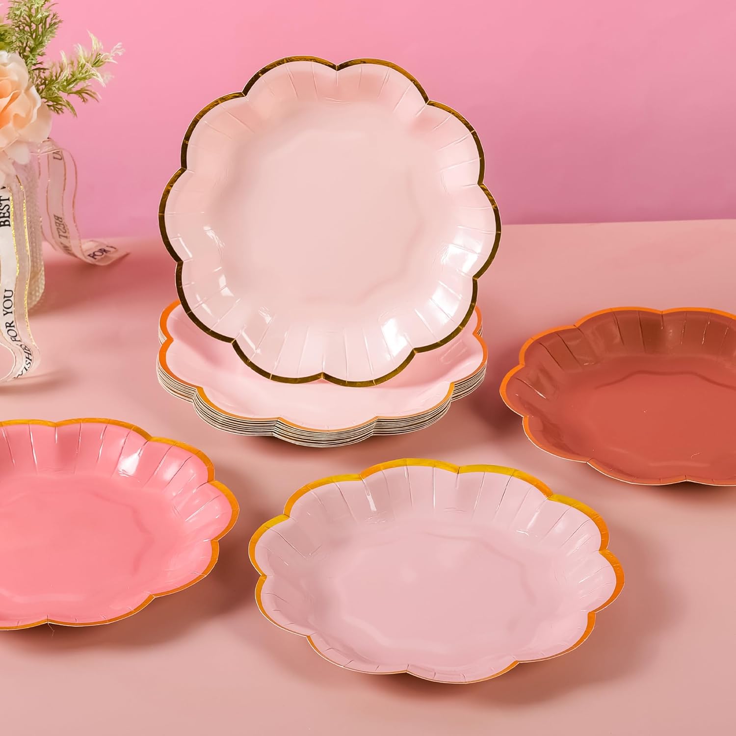 Dusty Pink Gradient Dessert Plates with Gold Foil Edges 7 Inch 48 Count