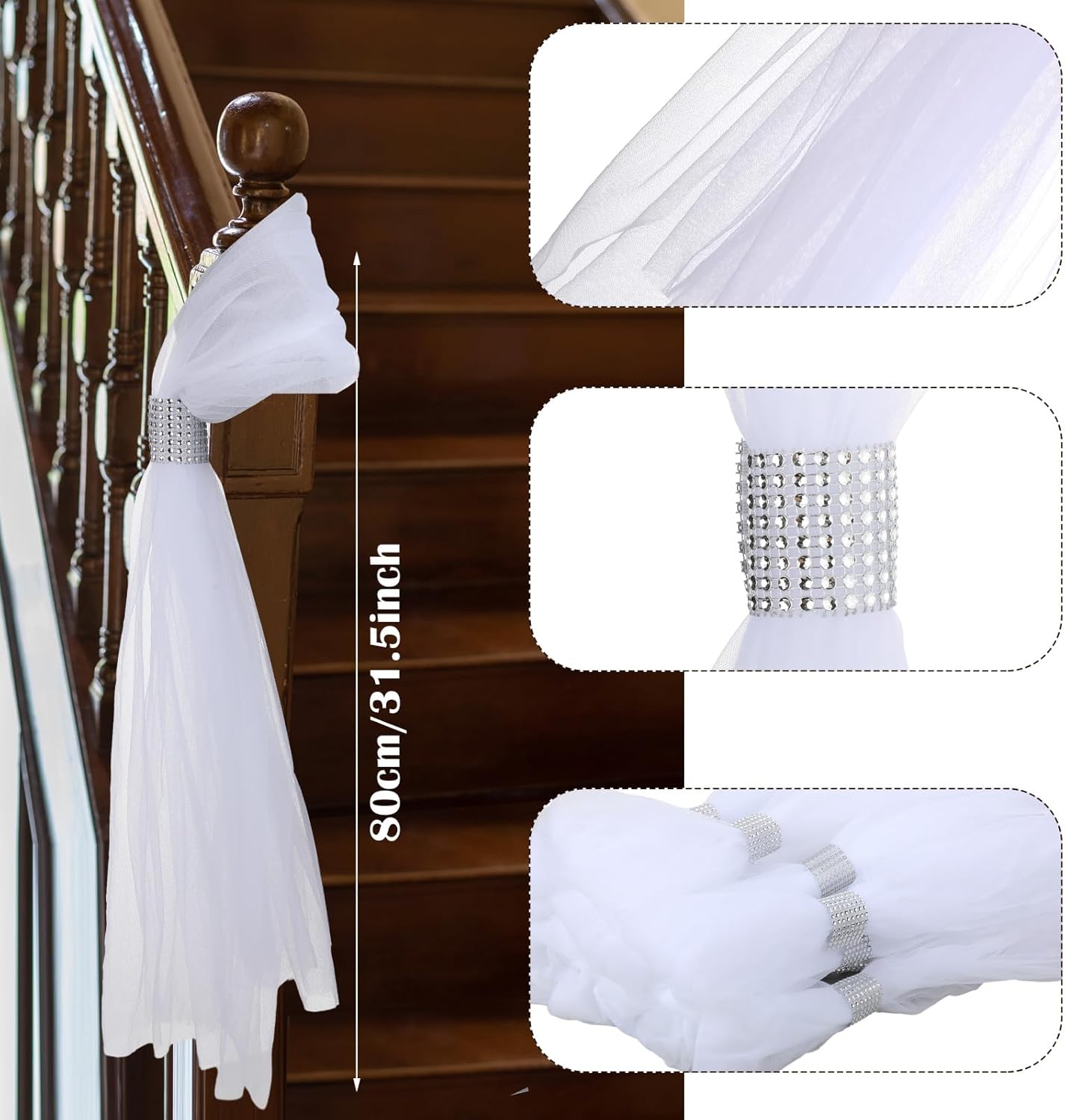 36 Piece Wedding Pew Bows Tulle Set with Rhinestone Collar