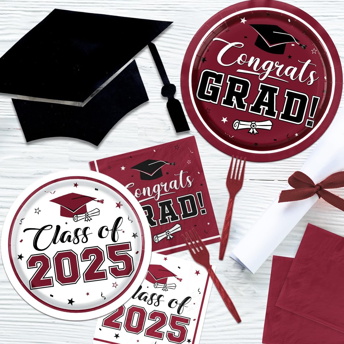 Class of 2025 Graduation Plates Napkins Maroon Party Supplies
