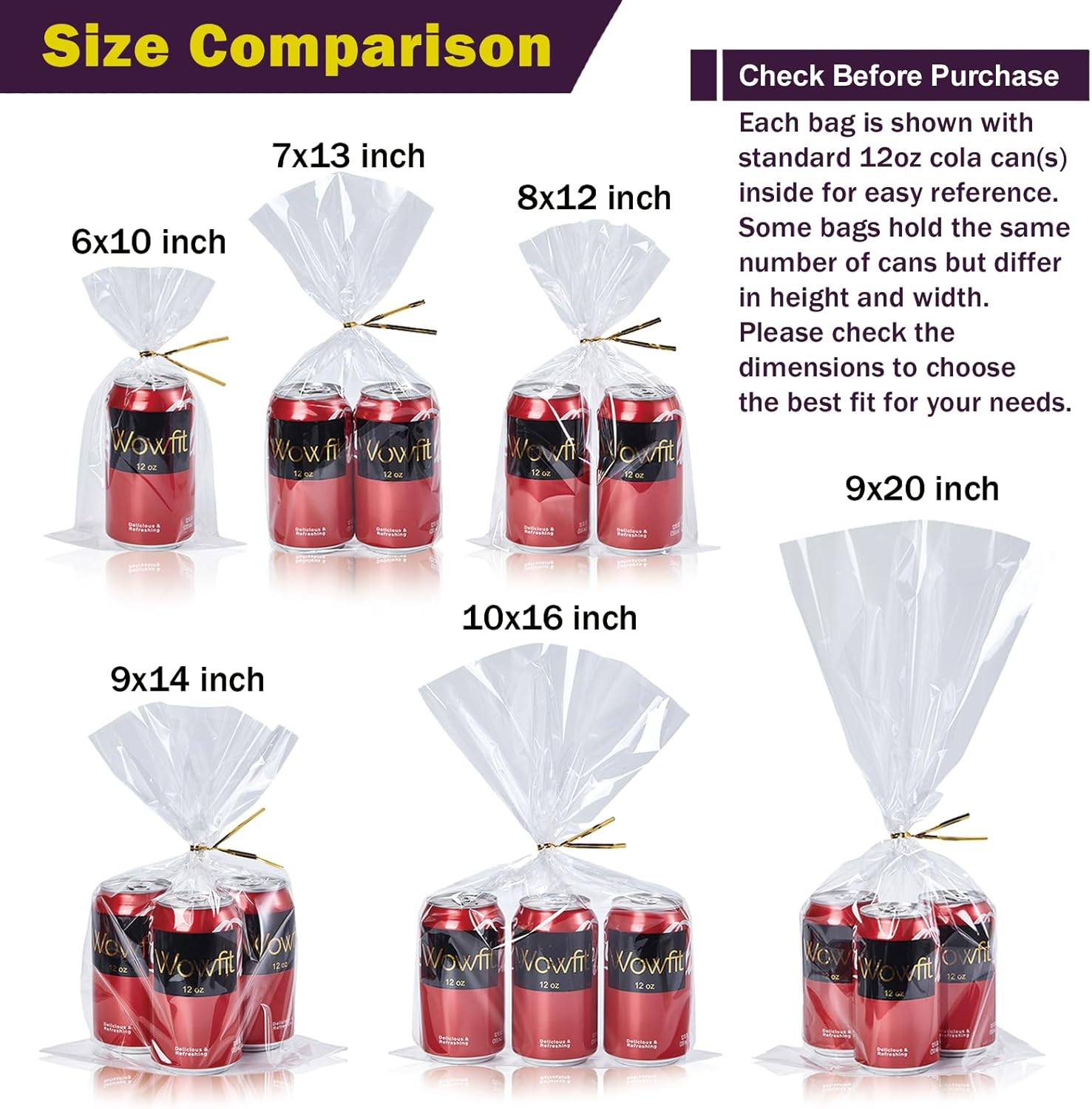 Wowfit 50 CT 9x20 Inch Clear Cellophane Bags with Gold Twist Ties