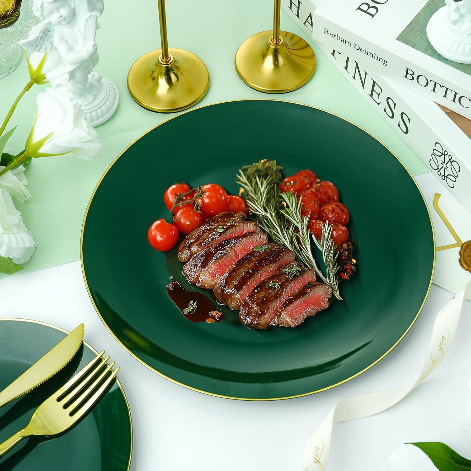 175 Piece Green Gold Plastic Dinnerware Set for Parties