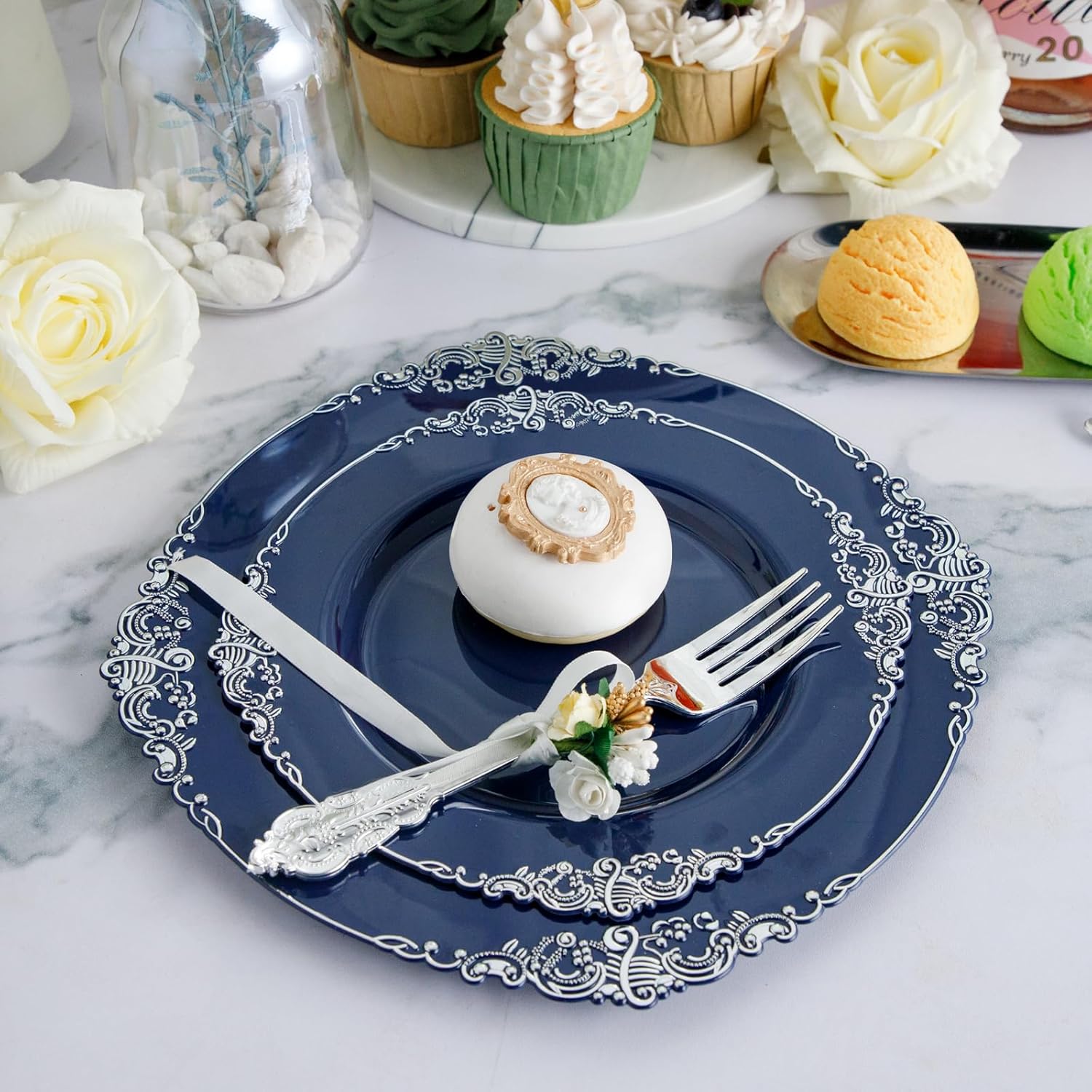 Hioasis 350pcs Blue and Silver Plates Set for 50 Guests