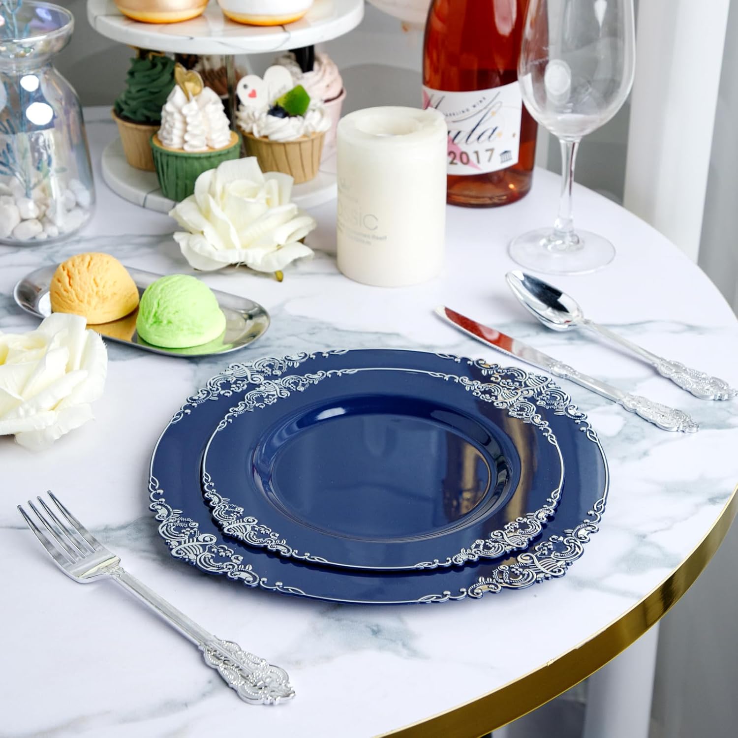 Hioasis 350pcs Blue and Silver Plates Set for 50 Guests