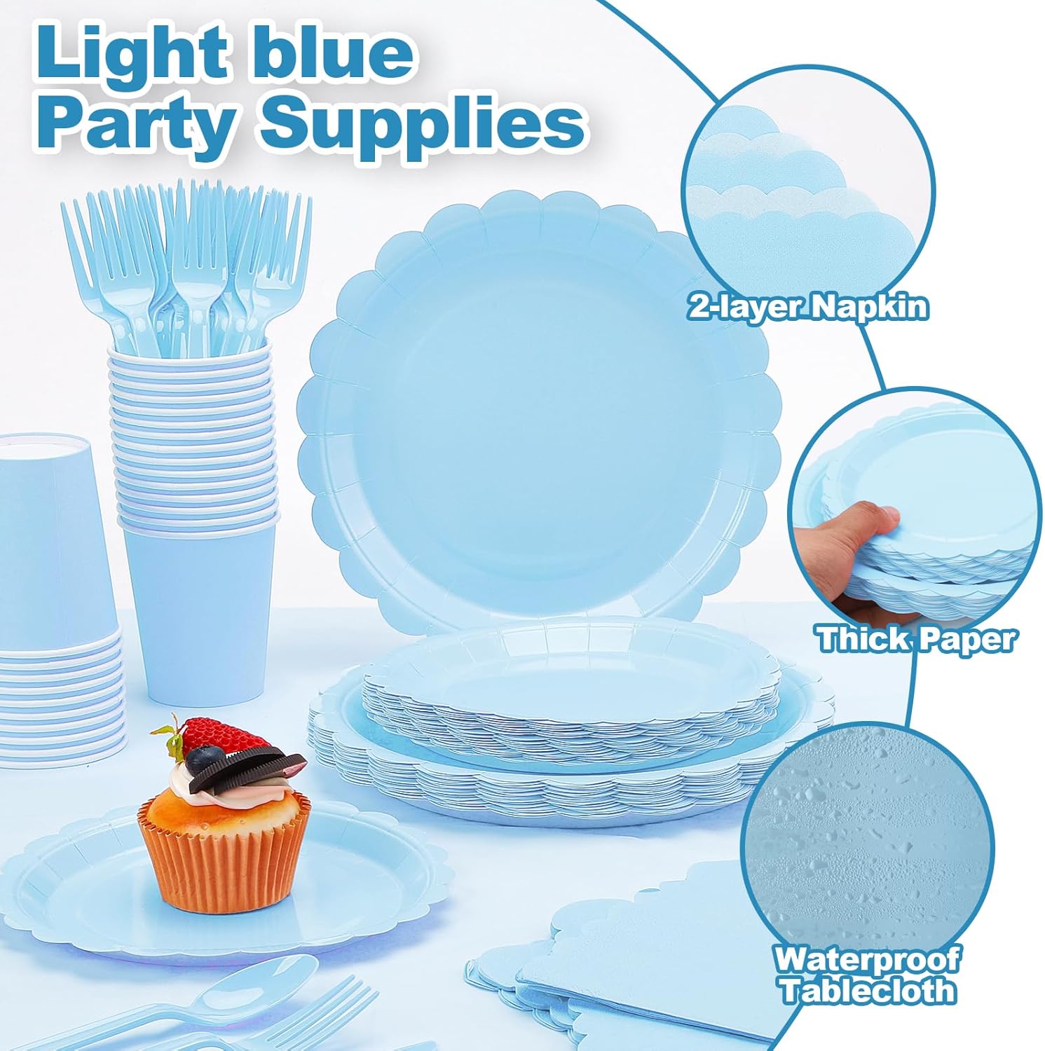 176 Pcs Light Blue Paper Plates and Napkins Set