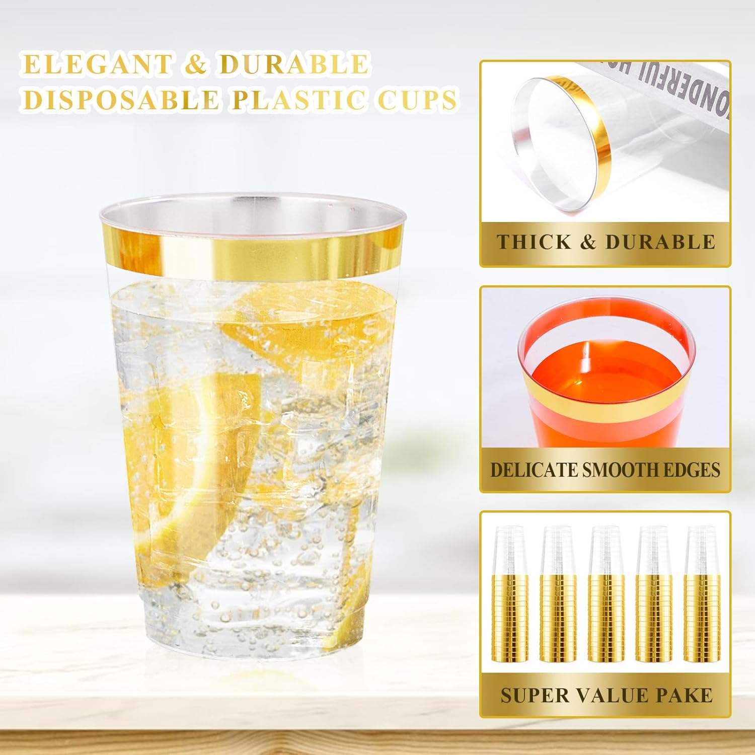 Nervure 120PCS Gold Rim Plastic Cups 12oz