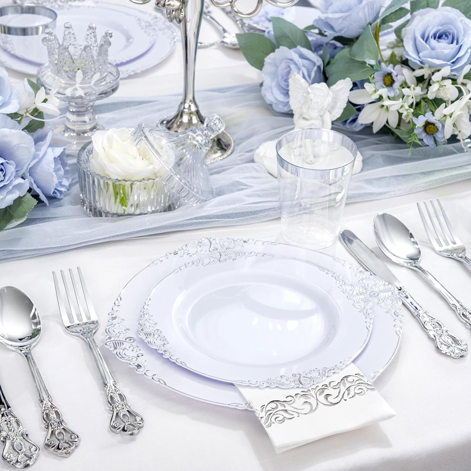 YOUBET 700PCS Silver Plastic Plates Set - 100 Person Wedding Party Disposable Tableware