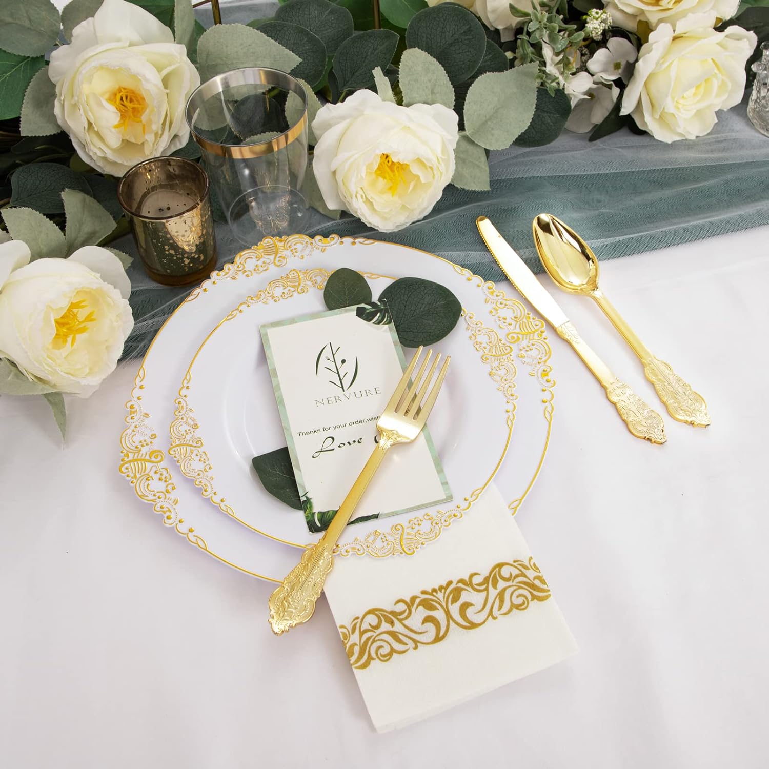 Nervure 175PCS White and Gold Plastic Plates Set