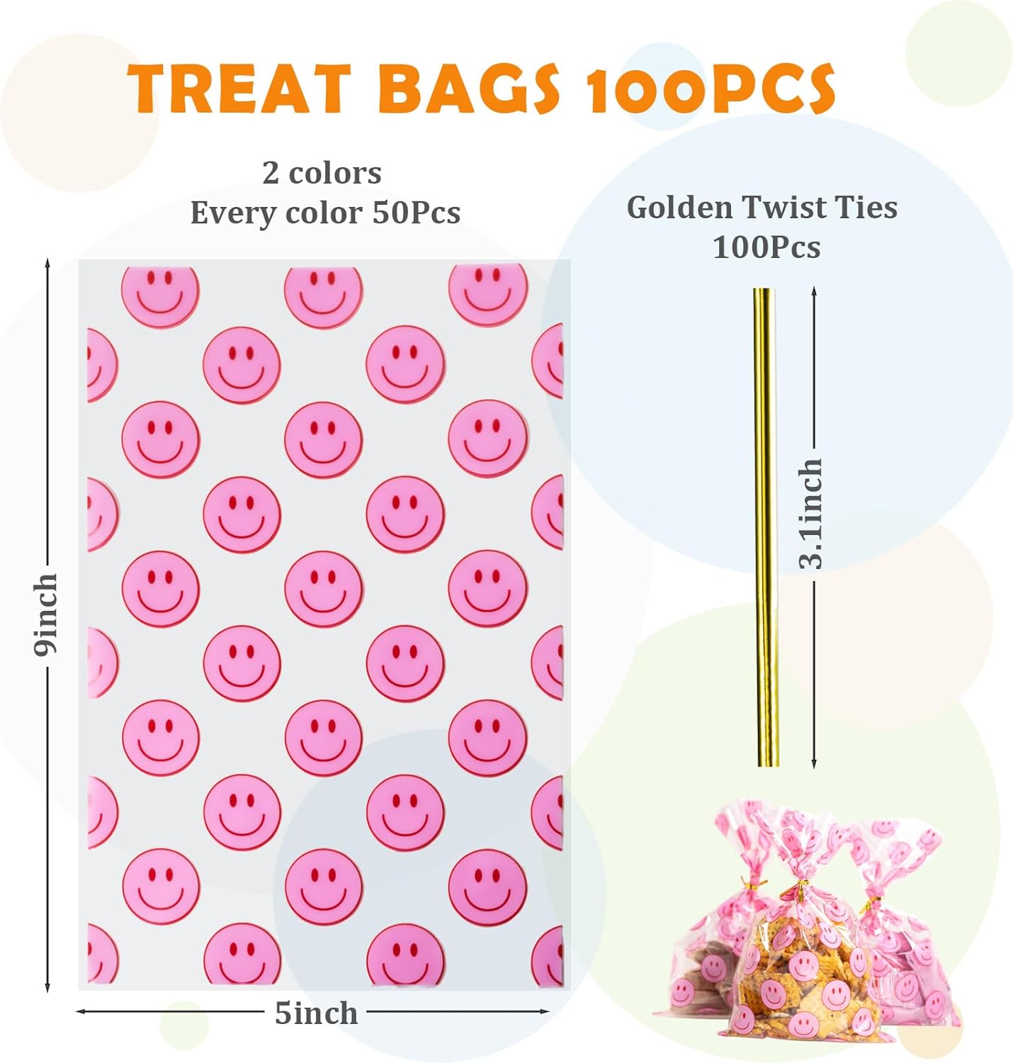 Eunoir 100 Pcs Yellow Red Smile Face Cellophane Bags with Twist Ties