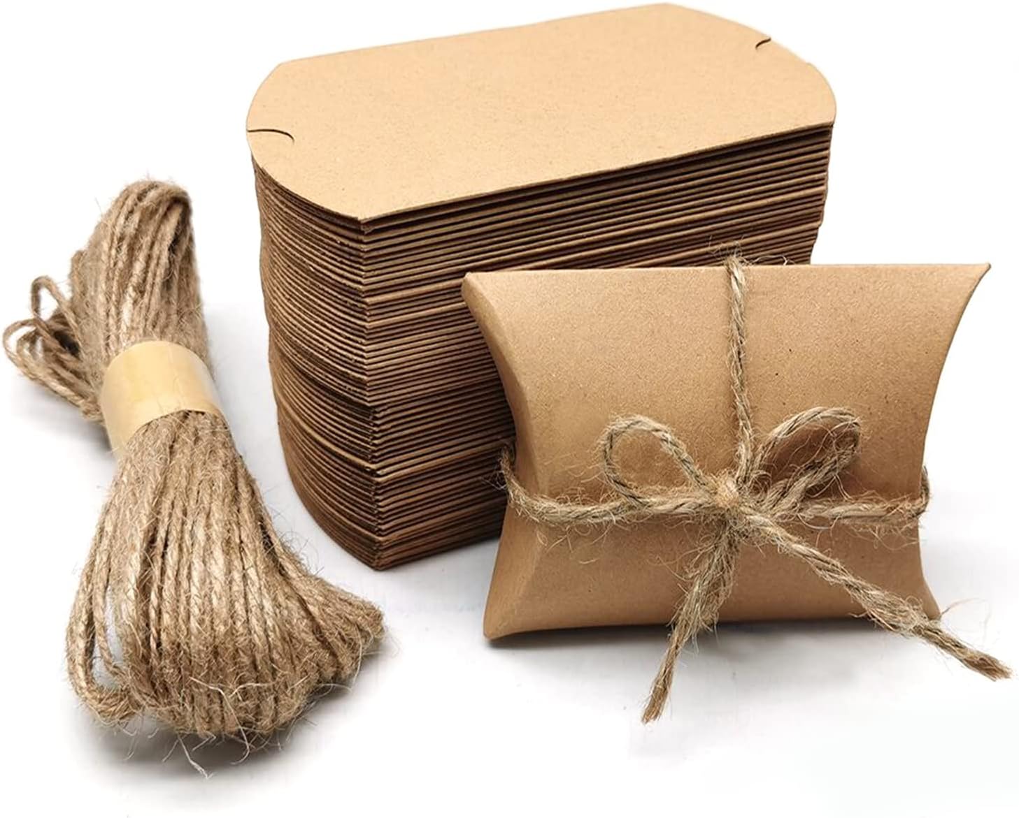 Kraft Paper Pillow Candy Box 60 Pcs with Jute Rope