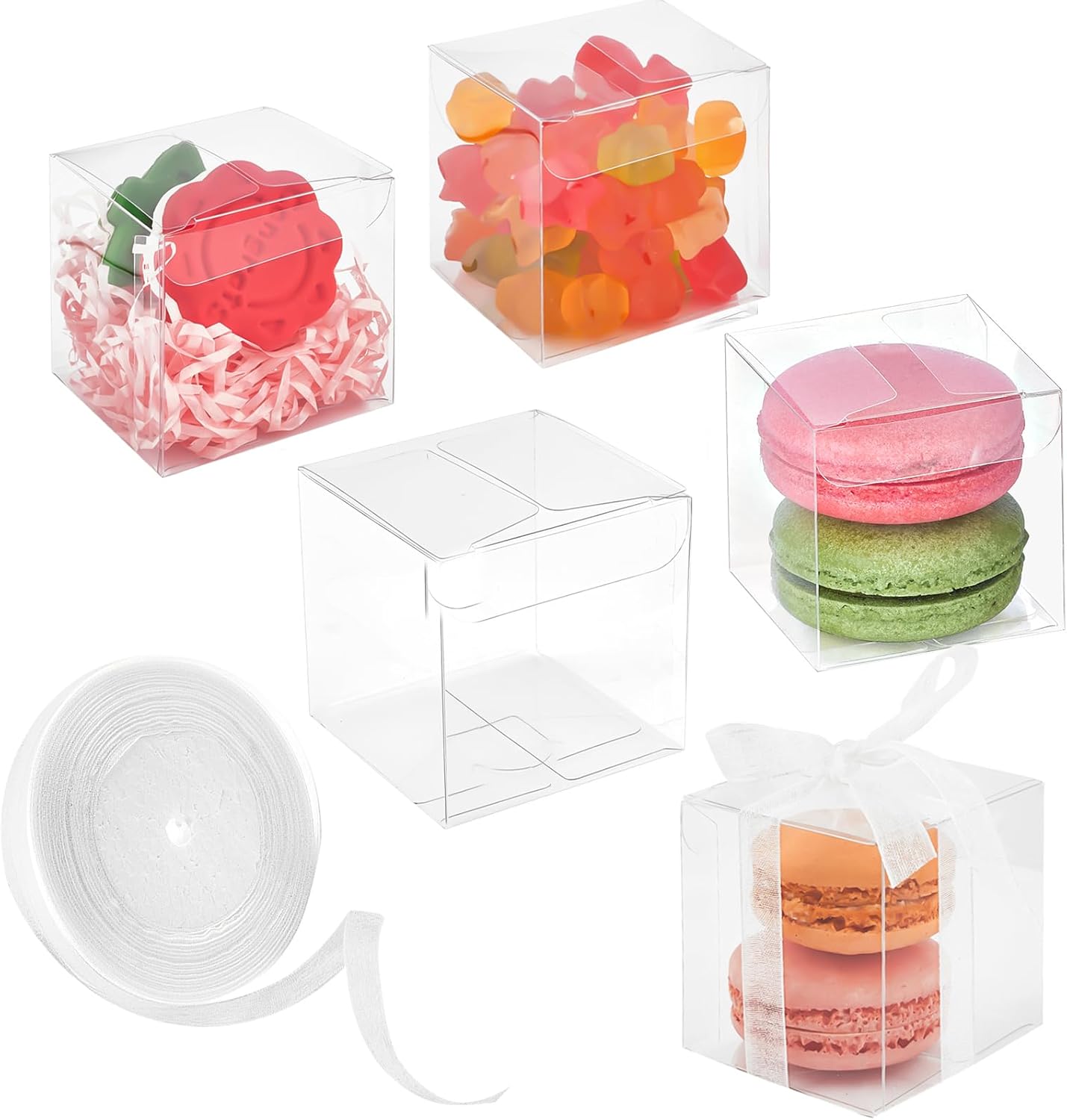 100 Pack Clear 2x2x2 Inch Favor Boxes with Ribbons