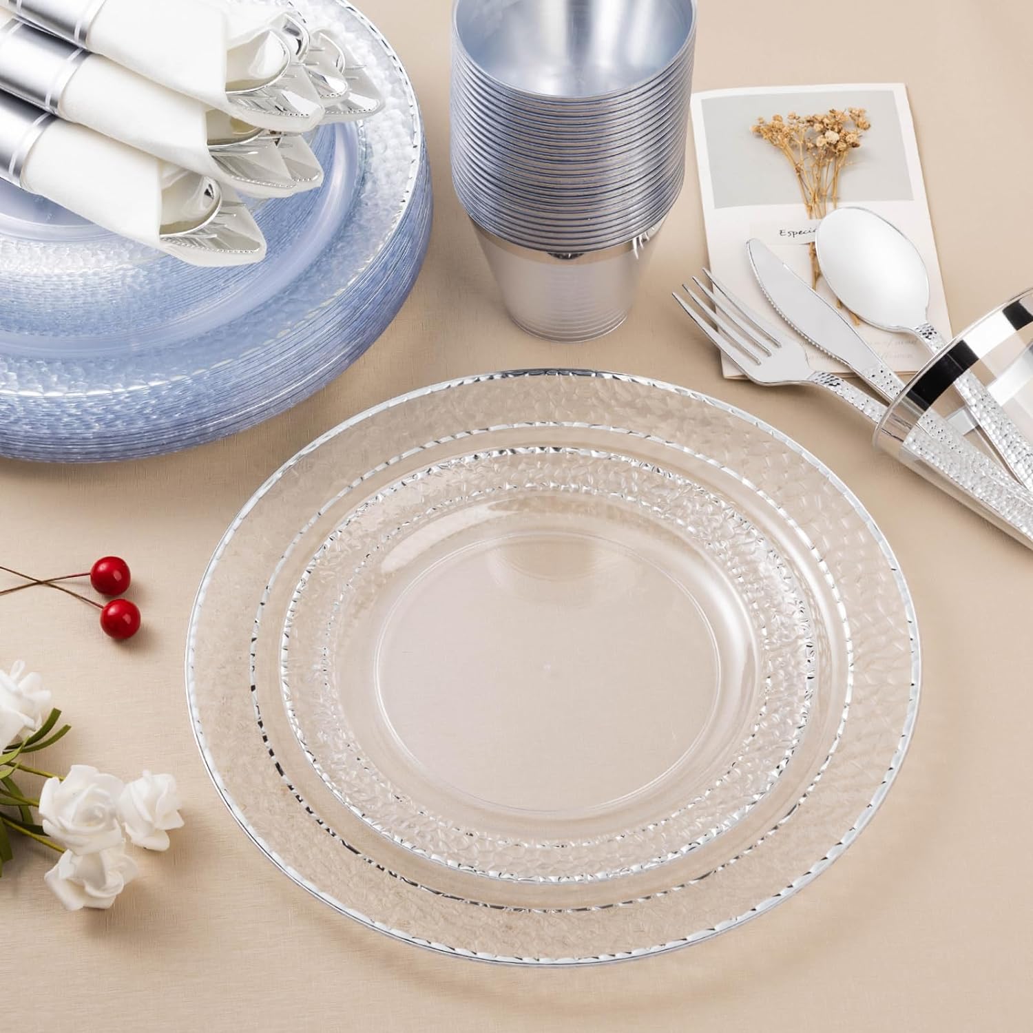 350PCS Clear Plastic Plates with Silver Trim for 50 Guests