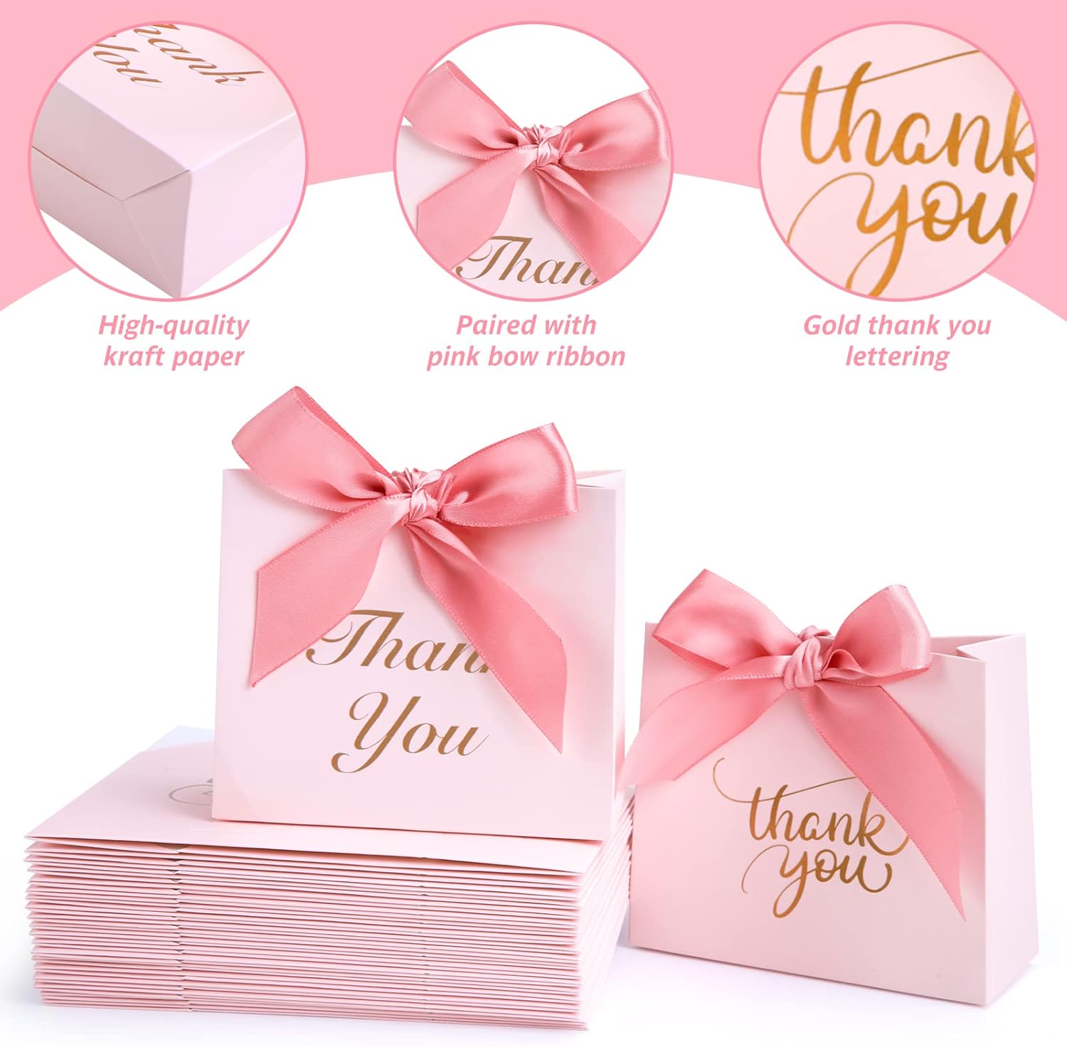 VGOODALL 24PCS Pink Thank You Gift Bags with Bow Ribbon
