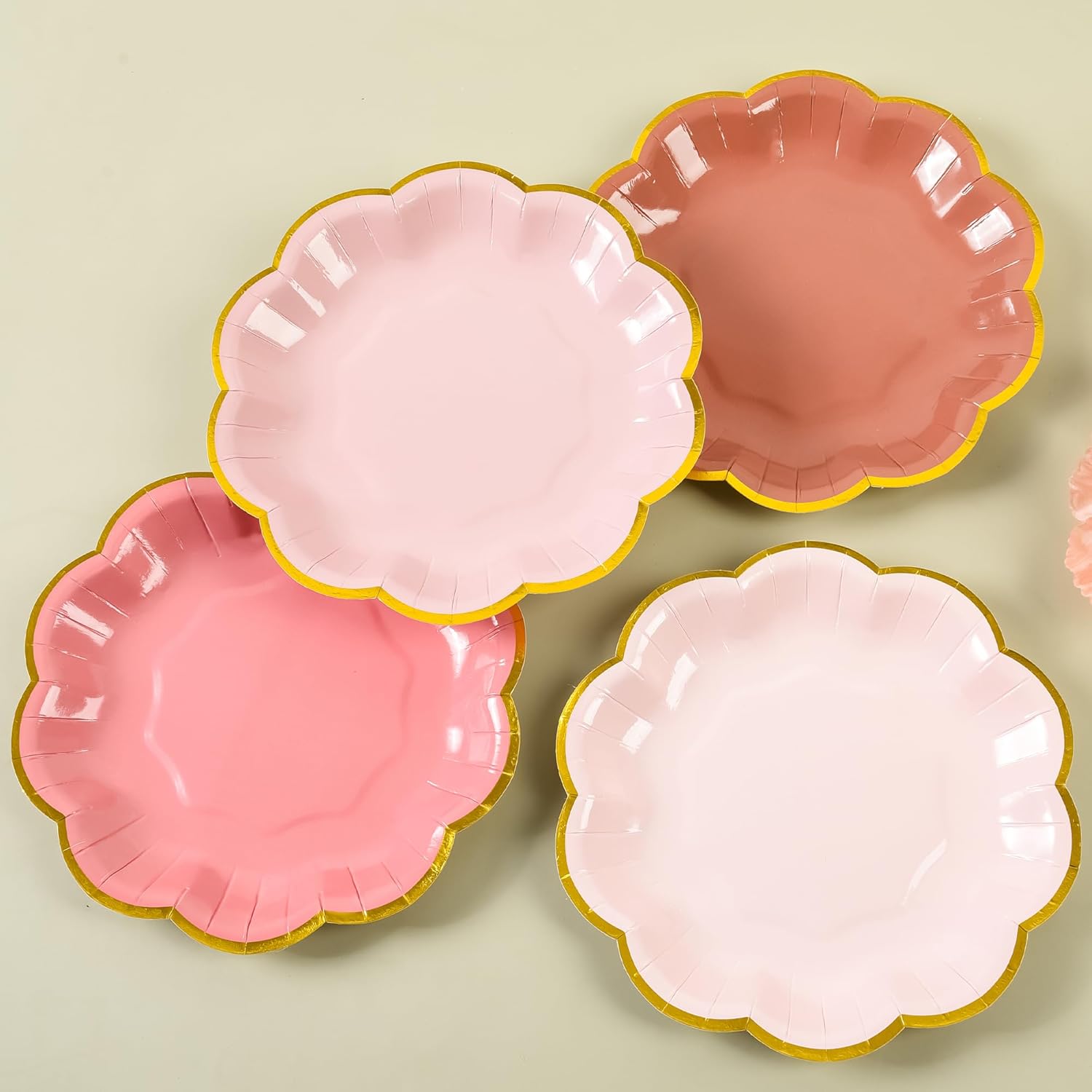 Dusty Pink Gradient Dessert Plates with Gold Foil Edges 7 Inch 48 Count