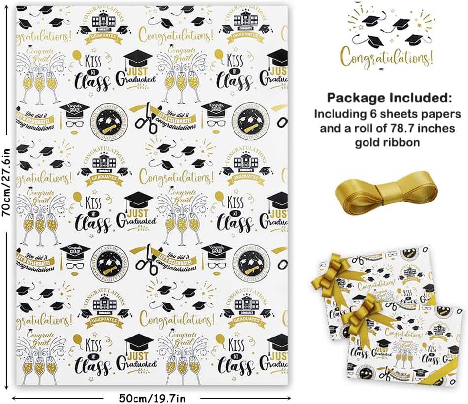 2025 Graduation Wrapping Paper Set 6 Sheets With Gold Ribbon