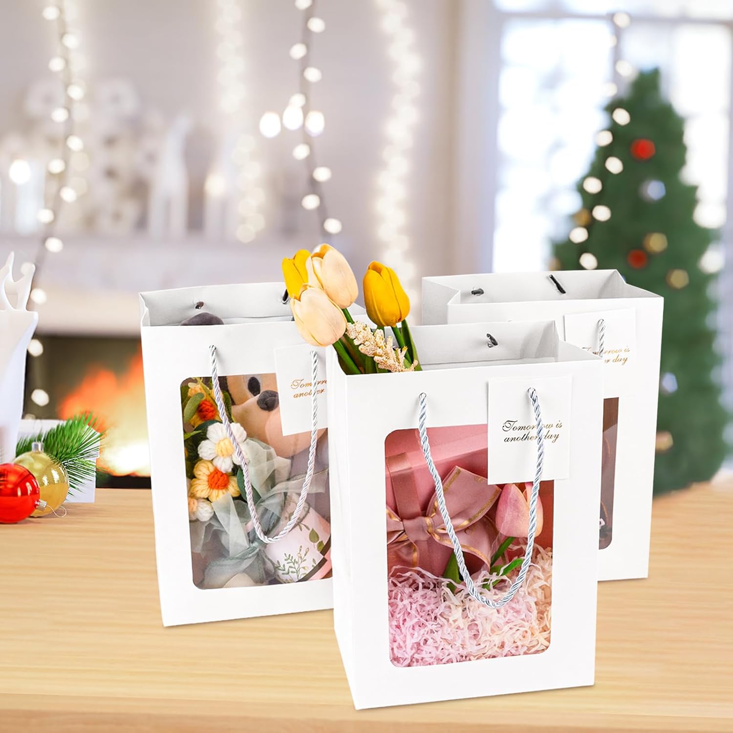 50PCS White Gift Bags with Handles and Clear Window