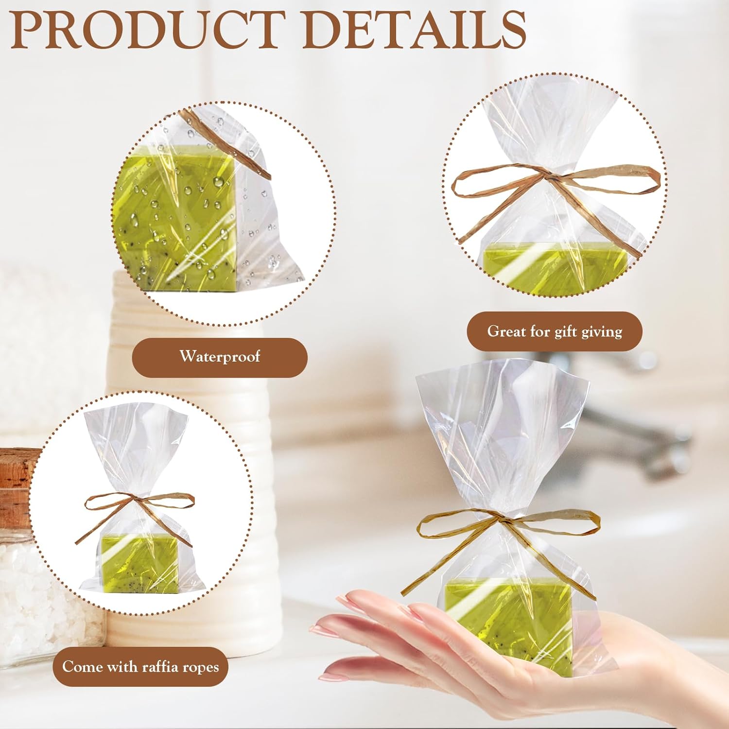 Miraclekoo 100pc Clear Soap Bags 5x8 Inch with Raffia Rope