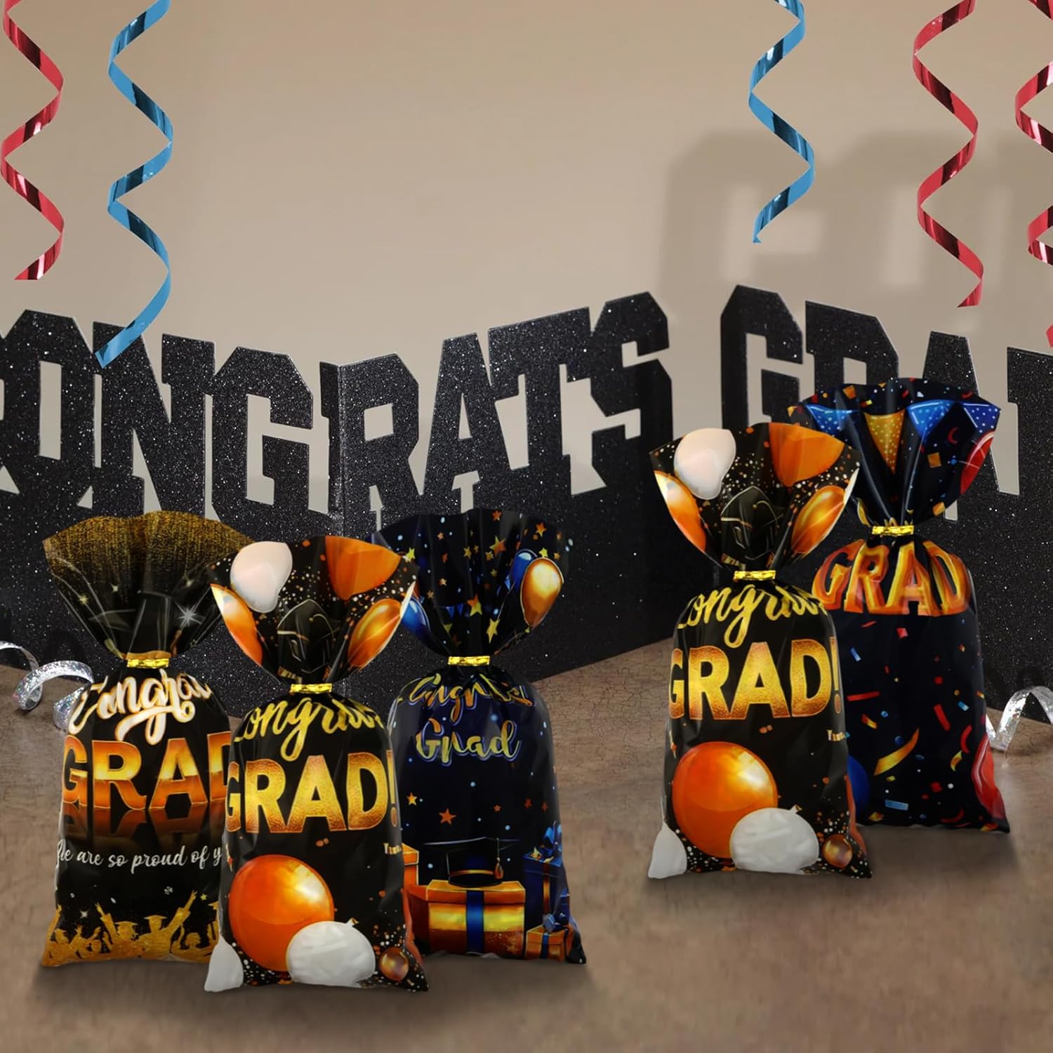 Graduation Cellophane Treat Bags 100pcs Black Gold Congrats Gift Bags