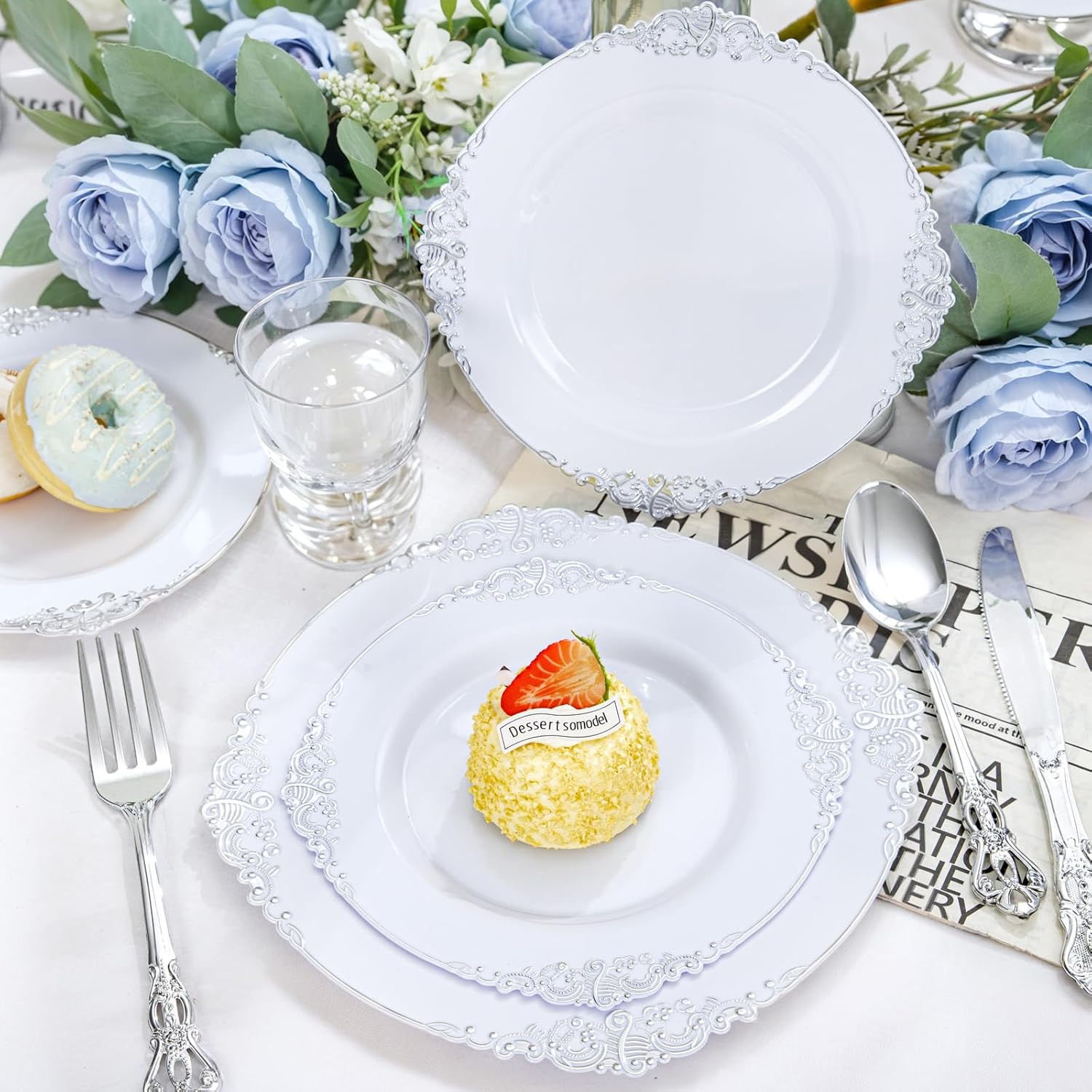 YOUBET 700PCS Silver Plastic Plates Set - 100 Person Wedding Party Disposable Tableware