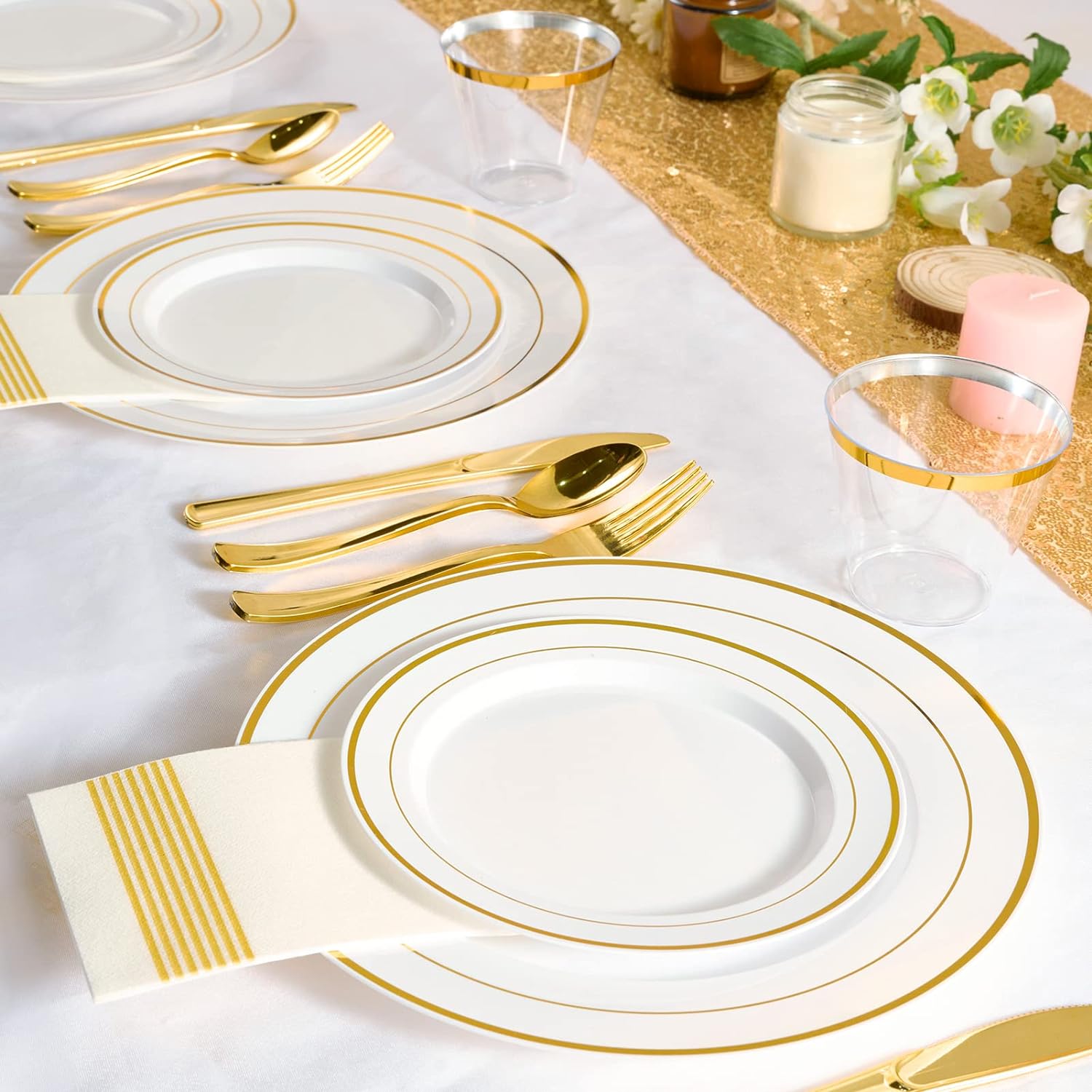 FOCUSLINE 600 Ct Gold Dinnerware Set for 100 Guests