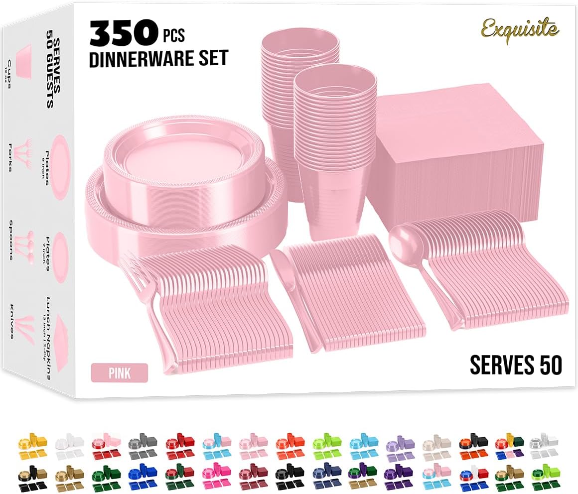 350 Pcs Pink Plastic Plates Set for Parties